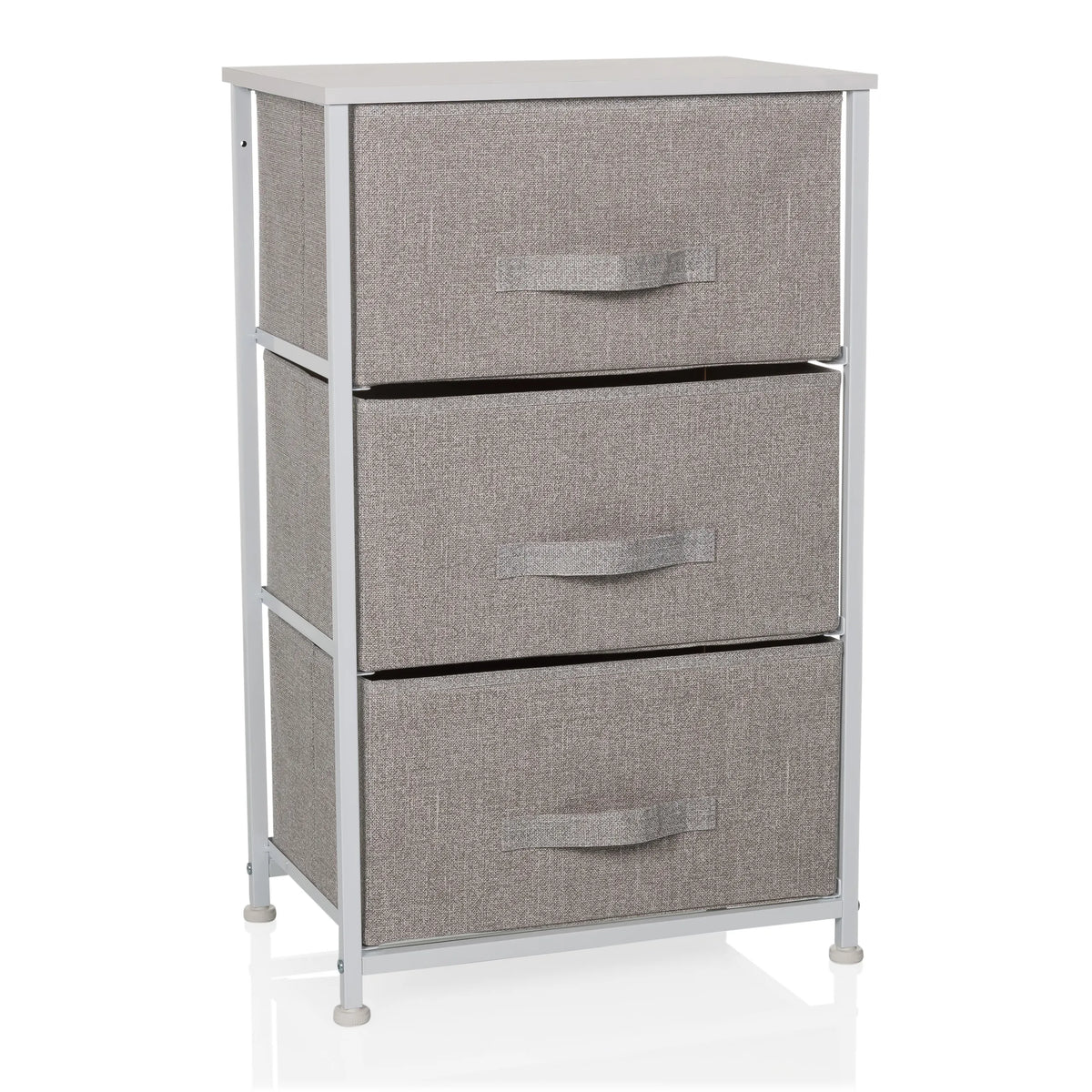 Commode grise FOLDRESS M avec trois tiroirs en tissu et structure blanche de hjh LIVING – vue à 360° (vue de face 15°)