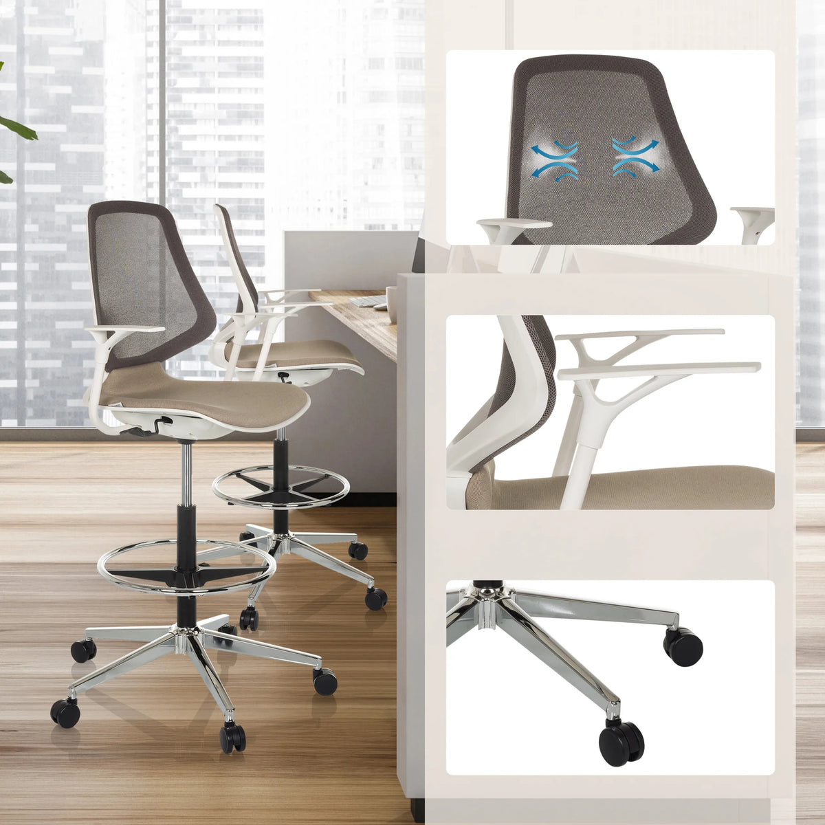 Chaise de comptoir TOP WORK STYLE en beige avec dossier en maille, repose-pieds et piètement chromé à roulettes de hjh OFFICE