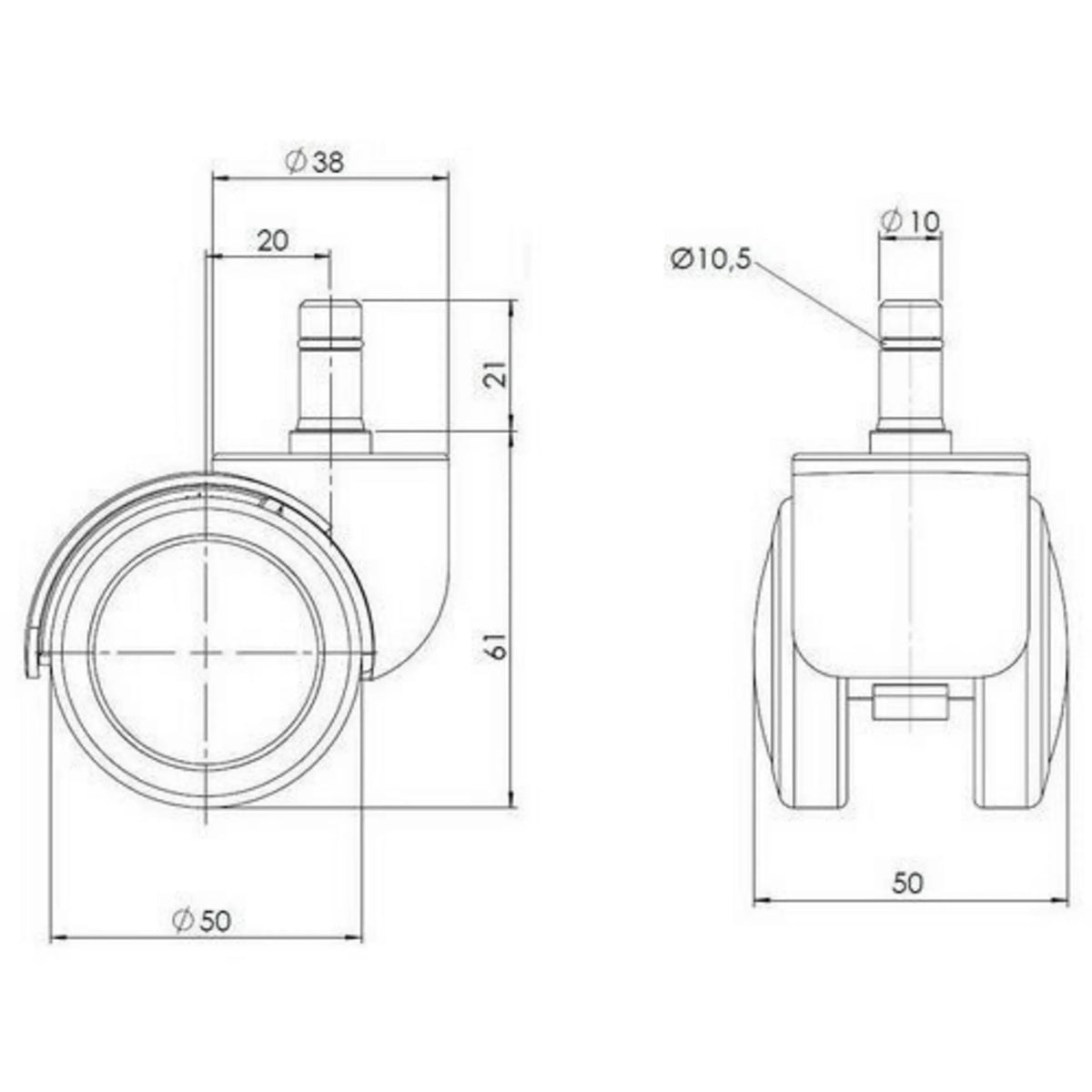 Dessin technique des Roulettes 5x ROLO 10mm/50mm d'un diamètre de 50 mm de hjh OFFICE