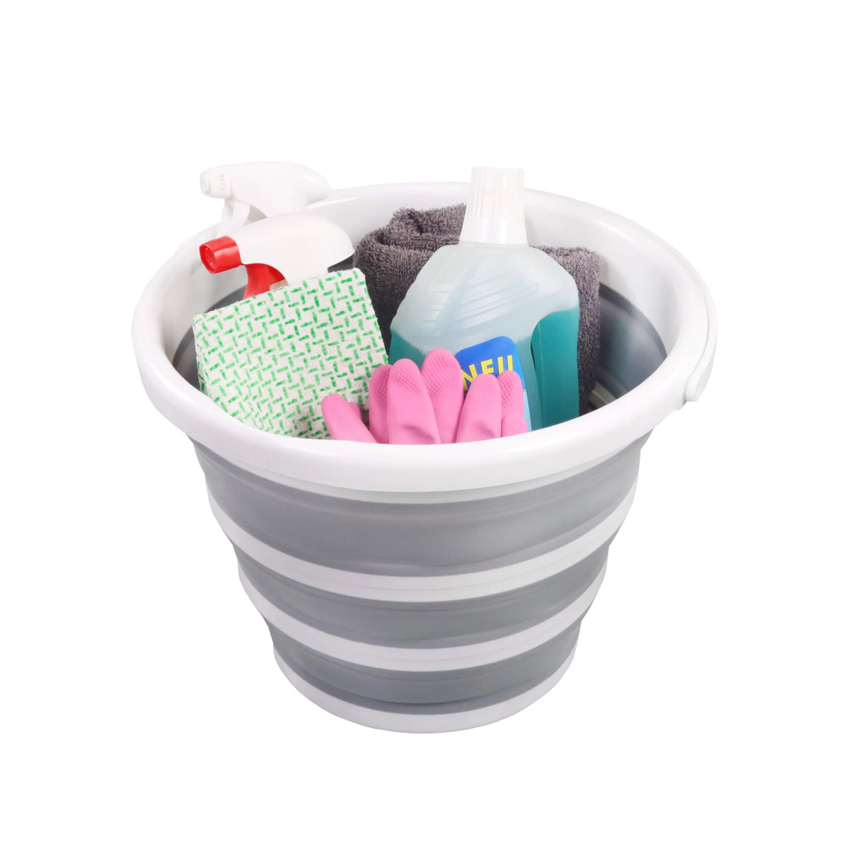 Conteneur pliable CLEAN SILR gris et blanc avec accessoires de nettoyage tels que des flacons vaporisateurs et des gants de hjh OFFICE