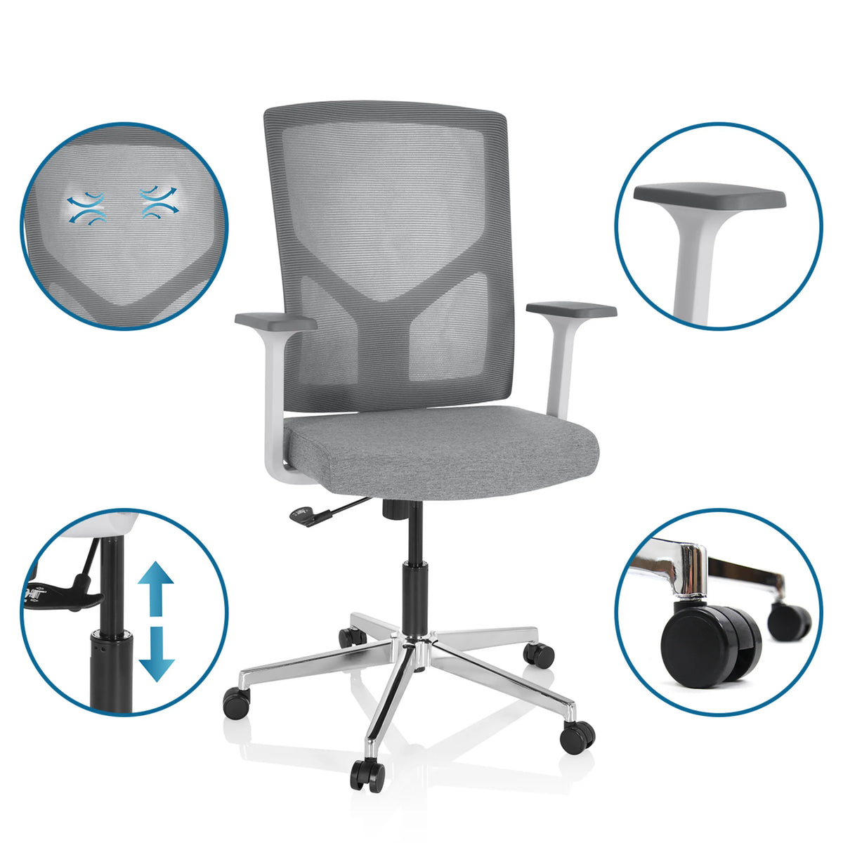 Siège de bureau à domicile BRETON BASE W gris avec dossier en mesh, accoudoirs et roulettes de hjh OFFICE