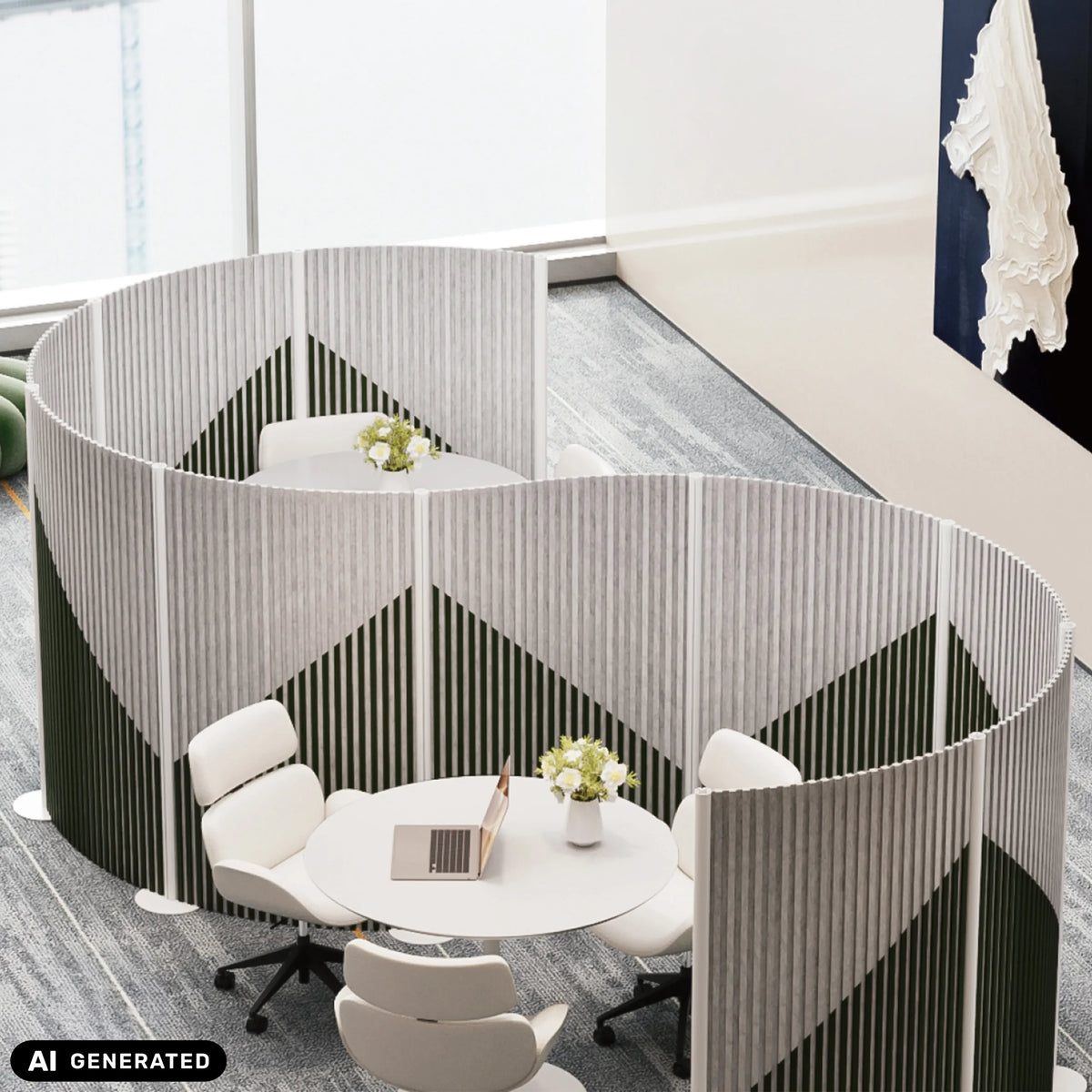 Cloisons de séparation Flexmiut Wave grises avec structure à lamelles verticales comme brise-vue de hjh OFFICE (image générée par IA)