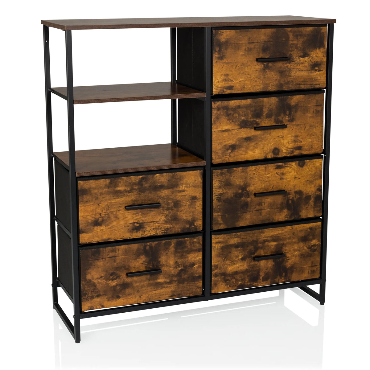 Commode RAGALA en chêne fumé avec accents en métal noir, deux étagères et six tiroirs de hjh LIVING – vue à 360° (vue de face 15°)
