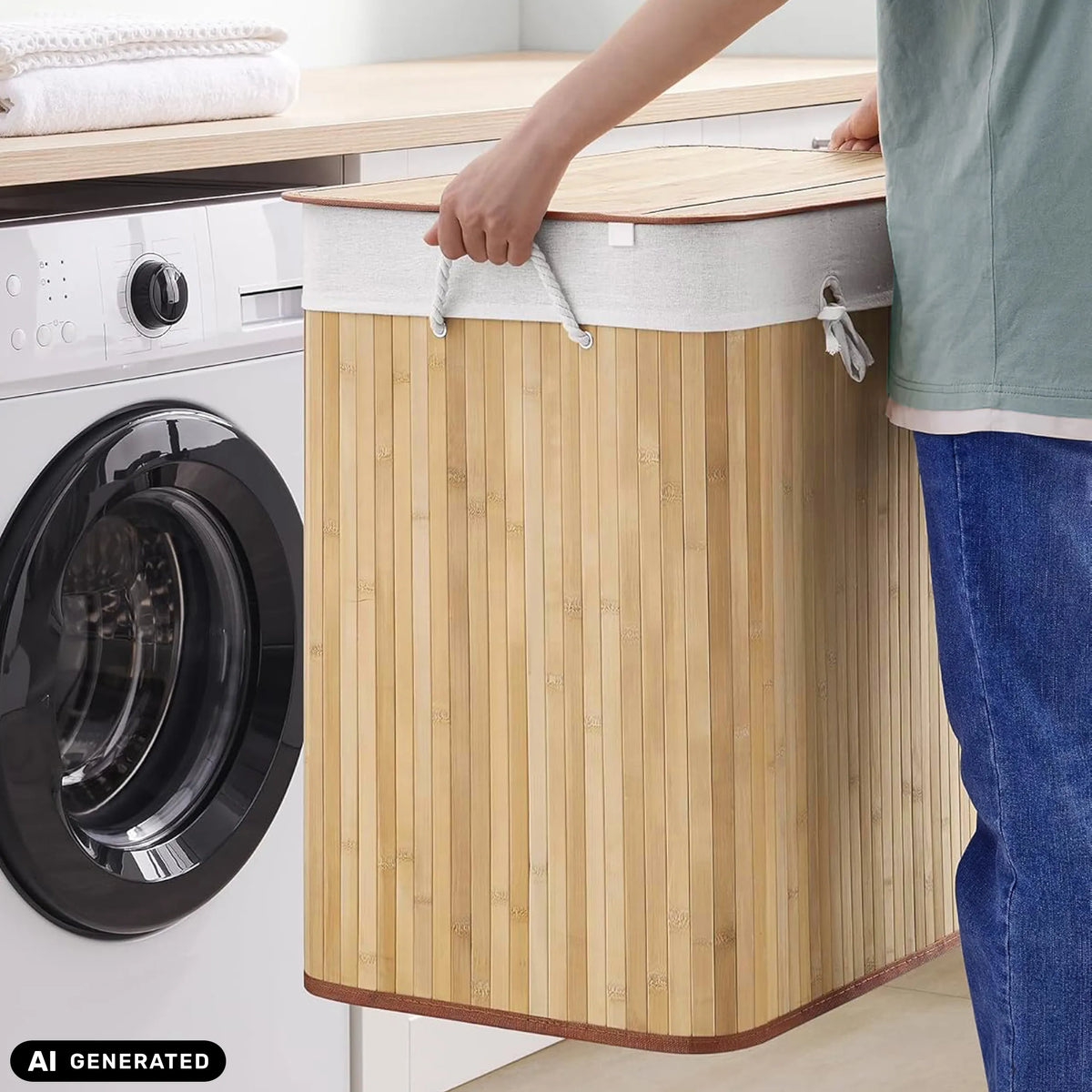 Panier à linge FALSTER XXL B en bambou marron avec doublure en tissu blanc et poignées en cordon de hjh LIVING