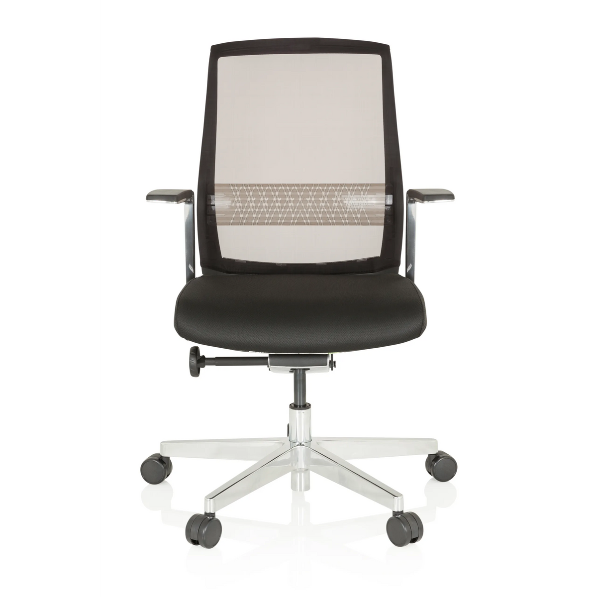 Siège de bureau haut de gamme FOUNTAINE PRO noir avec dossier en maille et piètement à cinq roulettes de hjh OFFICE – vue à 360° (vue de face 0°)