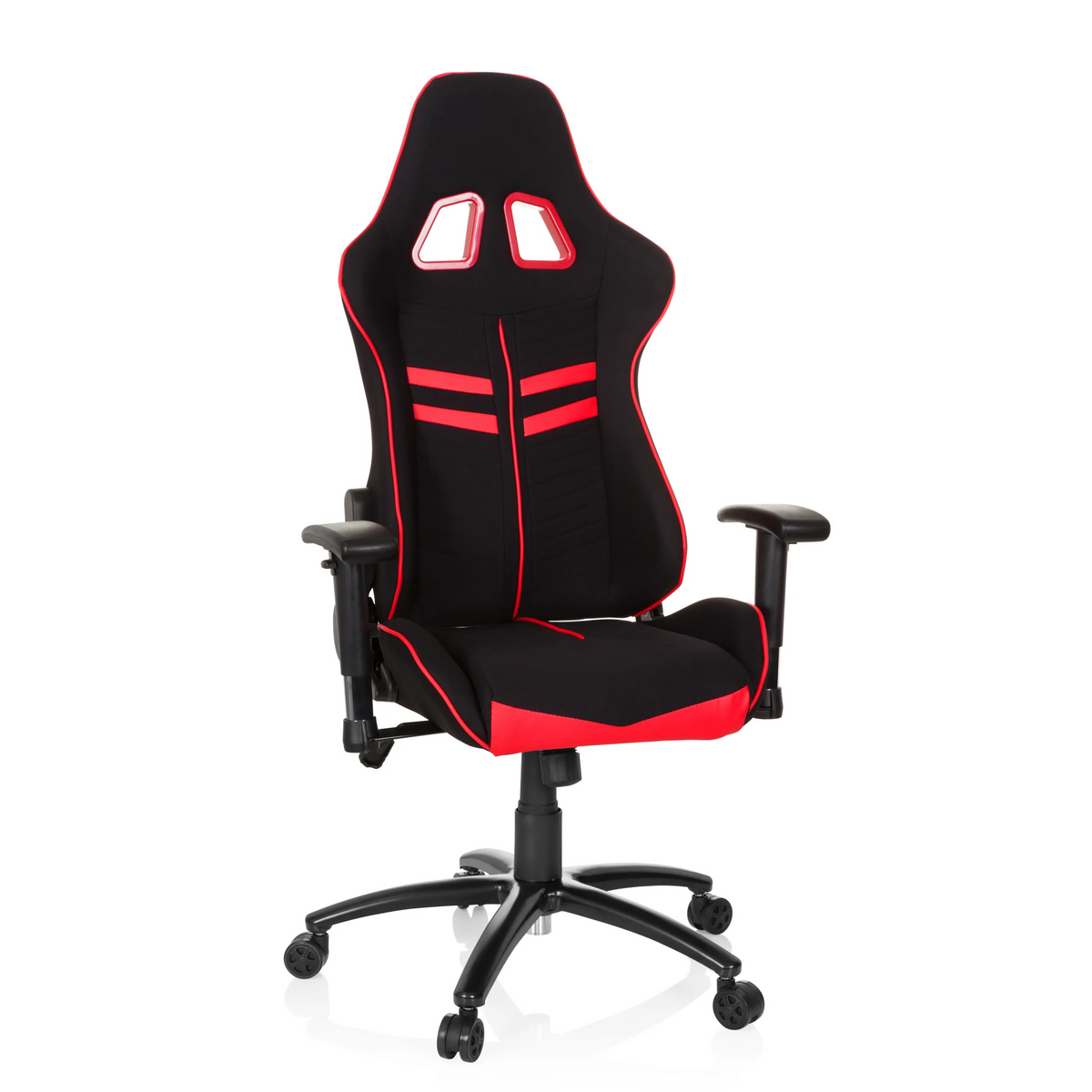 Fauteuil Gamer LEAGUE PRO I noir et rouge avec deux ouvertures d'appui-tête et base à cinq roulettes de hjh OFFICE – vue à 360° (vue de face 20°)