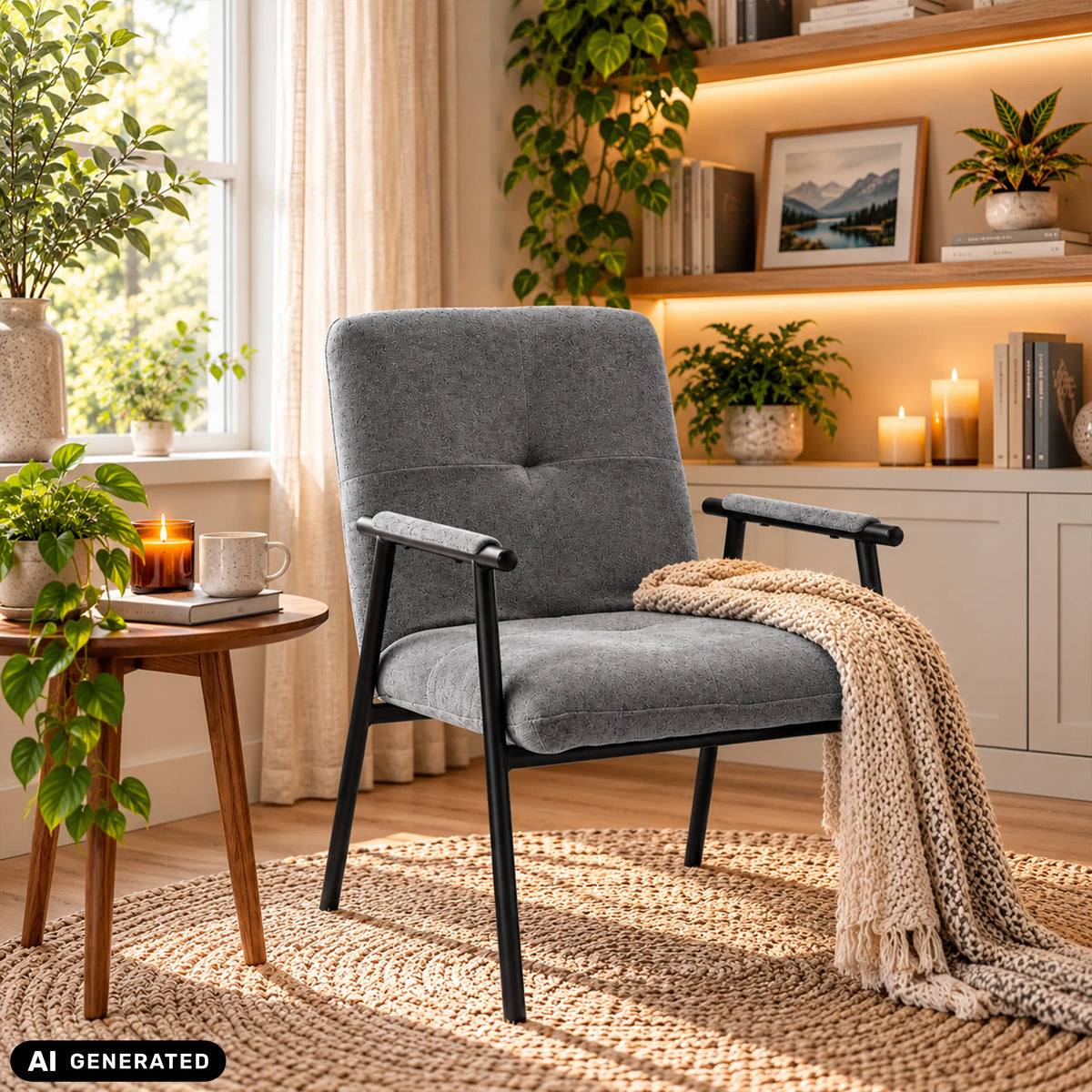 Chaise rembourrée grise Lifea Flex avec accoudoirs dans un salon de hjh LIVING (image générée par IA)