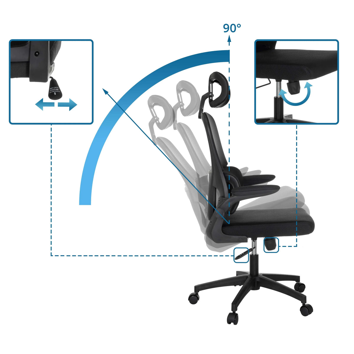 Dossier réglable avec angle d'inclinaison de 90 degrés du Siège de bureau à domicile ERGOMY FLEX de MyBuero