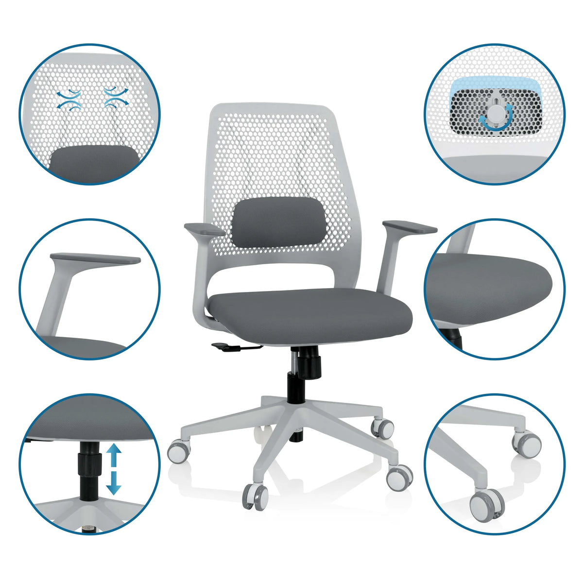 Siège de bureau à domicile PARFERIO W gris avec dossier en maille, accoudoirs et roulettes de hjh OFFICE