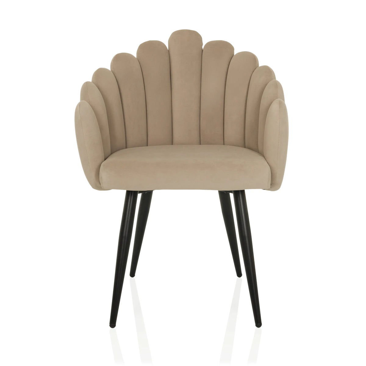 Chaise de salle à manger SCALLORE beige avec dossier en forme de coquillage et pieds noirs de hjh LIVING – vue à 360° (vue de face 0°)