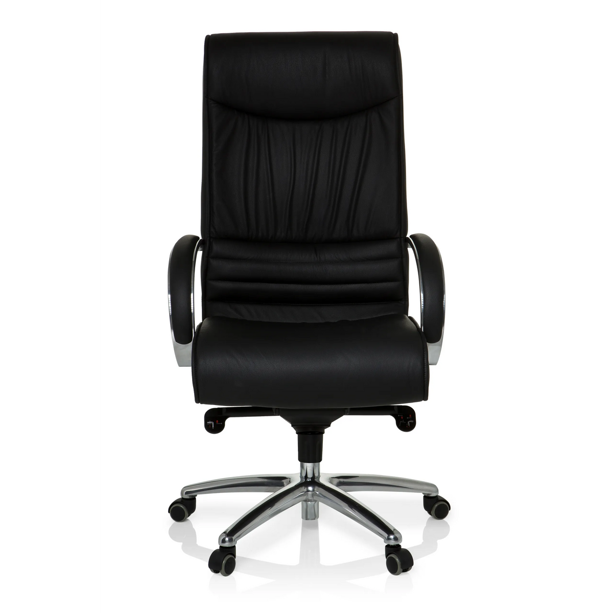 Siège pivotant XXL F 400 noir en cuir avec pied en étoile et cinq roulettes de hjh OFFICE – vue à 360° (vue de face 0°)