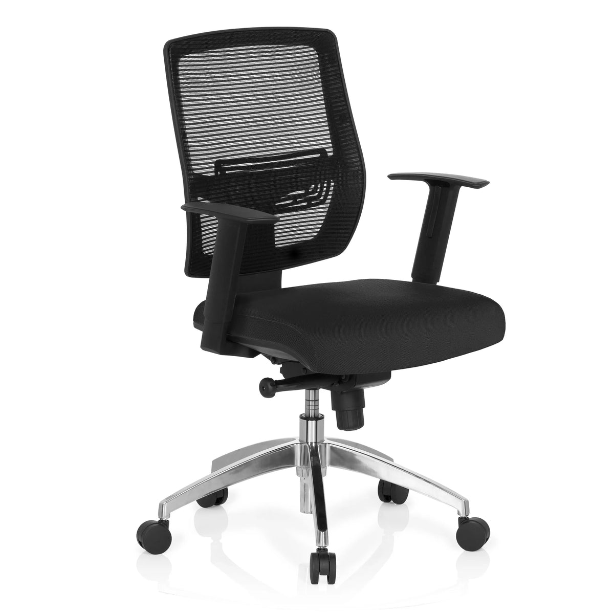 Siège de bureau de qualité professionnelle NET 90 noir avec dossier en maille et piètement à cinq roulettes de hjh OFFICE – vue à 360° (vue de trois quarts avant 40°)