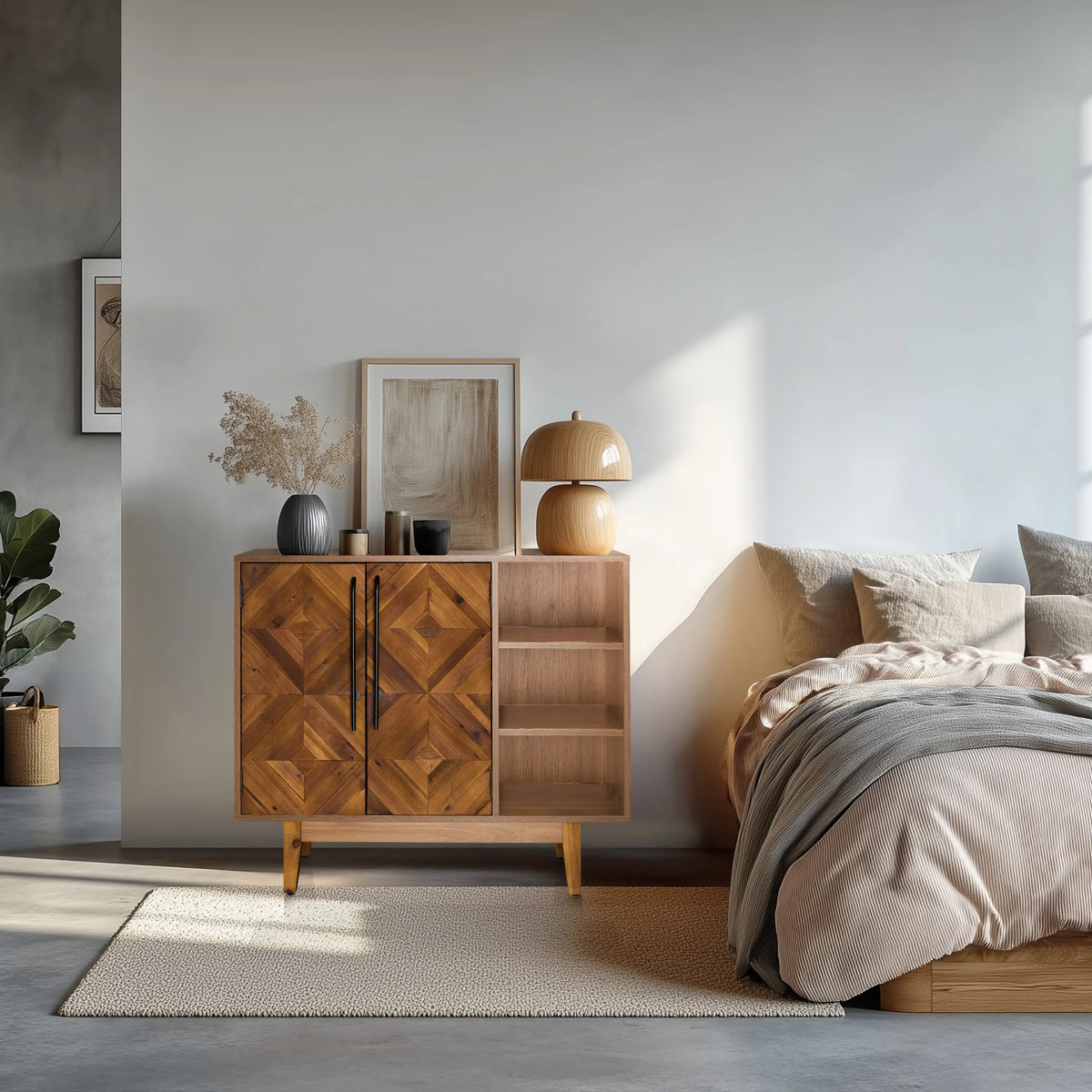 Commode SANTJAGO WOOD L en bois marron foncé avec motif géométrique et niches ouvertes de hjh LIVING
