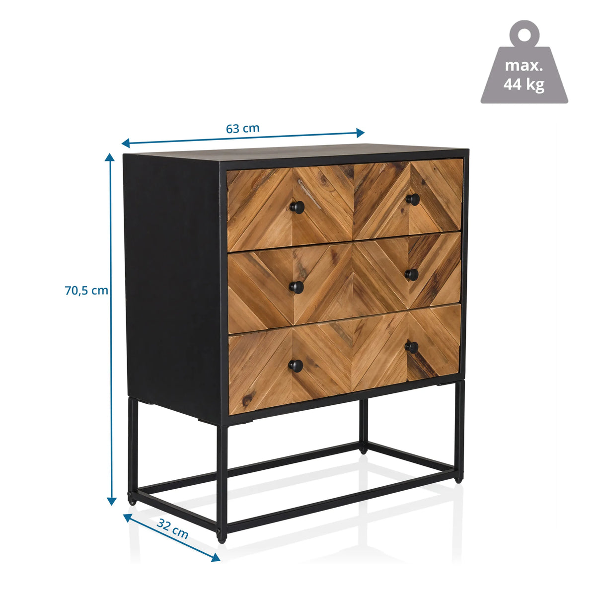 Vue dimensionnelle du buffet SANTJAGO BLACK SUN L de 63 × 32 cm et d'une hauteur de 70,5 cm de hjh LIVING