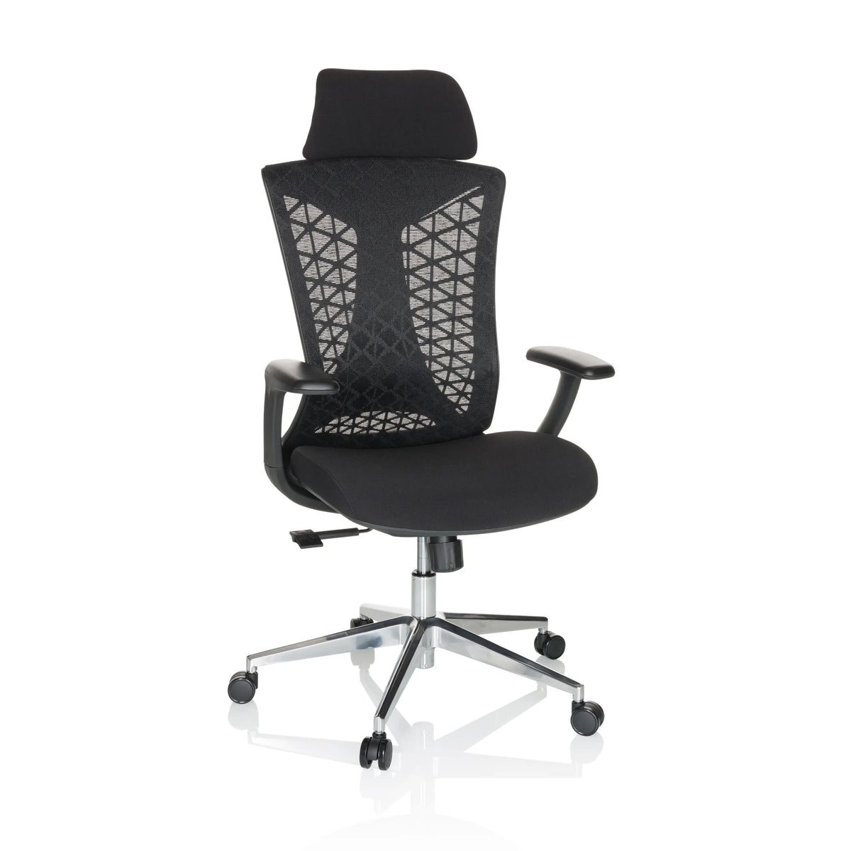 Siège de bureau de qualité professionnelle FALEO B noir avec dossier en maille et piètement à cinq roulettes de hjh OFFICE – vue à 360° (vue de face 15°)