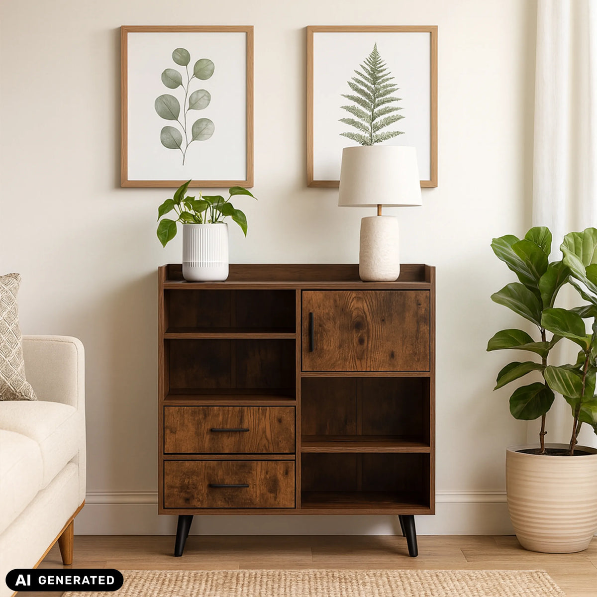 Commode MYRDAL en marron avec poignées et pieds noirs de hjh LIVING (image générée par IA)