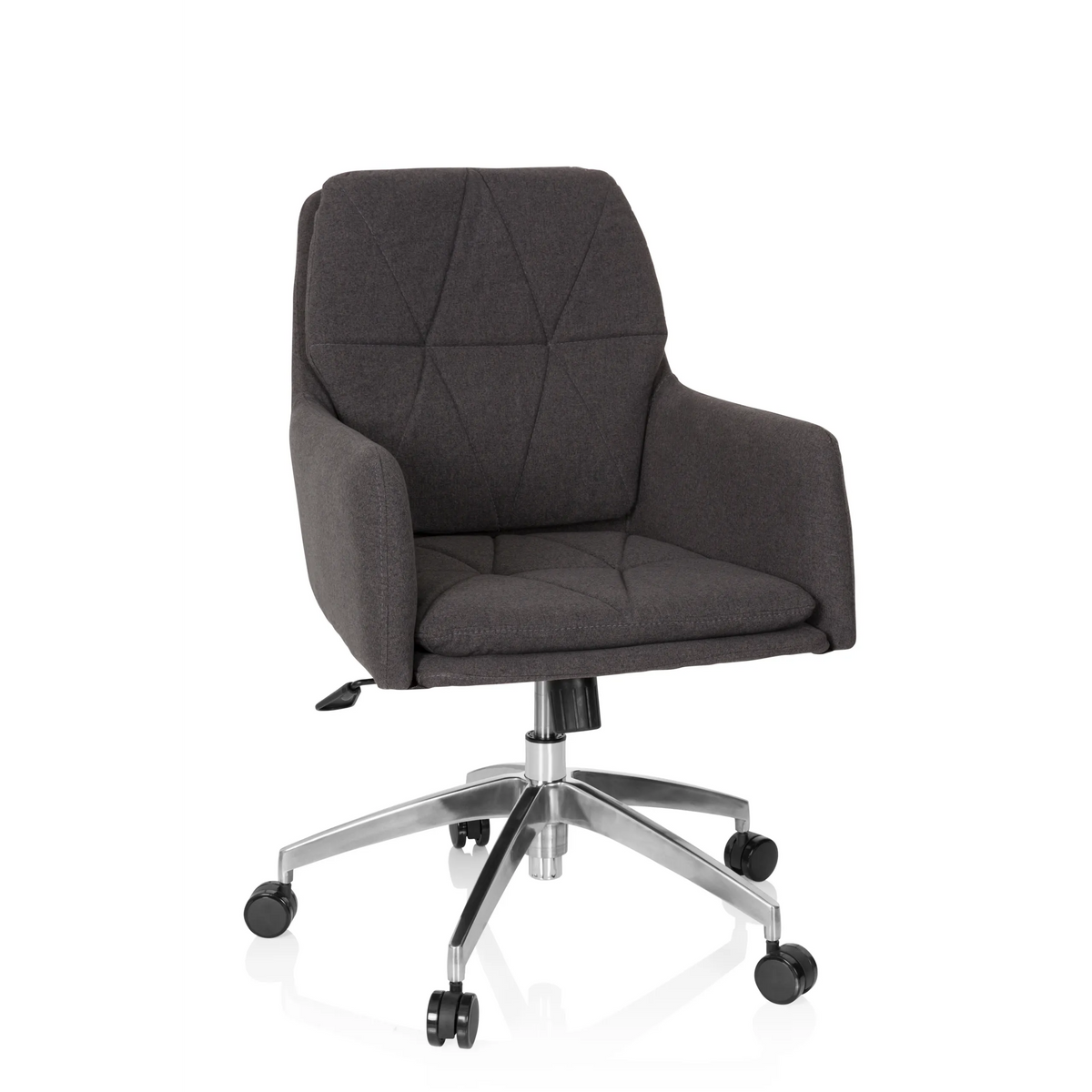 Siège de bureau à domicile SHAKE 350 gris foncé avec motif surpiqué et base à cinq roulettes de hjh OFFICE – vue à 360° (vue de face 20°)
