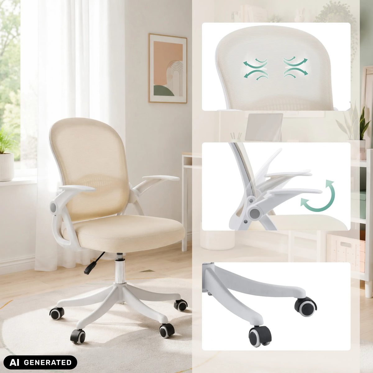 Siège de bureau à domicile Naluro beige avec dossier respirant et base à roulettes de hjh OFFICE (image générée par IA)