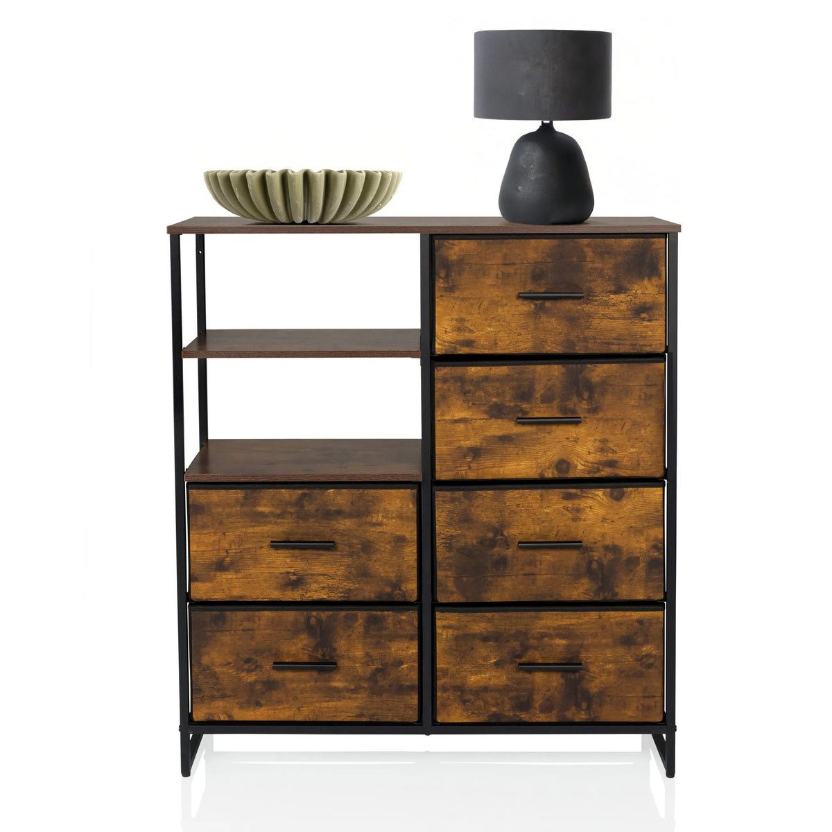 Commode RAGALA en chêne fumé avec quatre tiroirs, deux étagères ouvertes et un cadre en métal noir de hjh LIVING