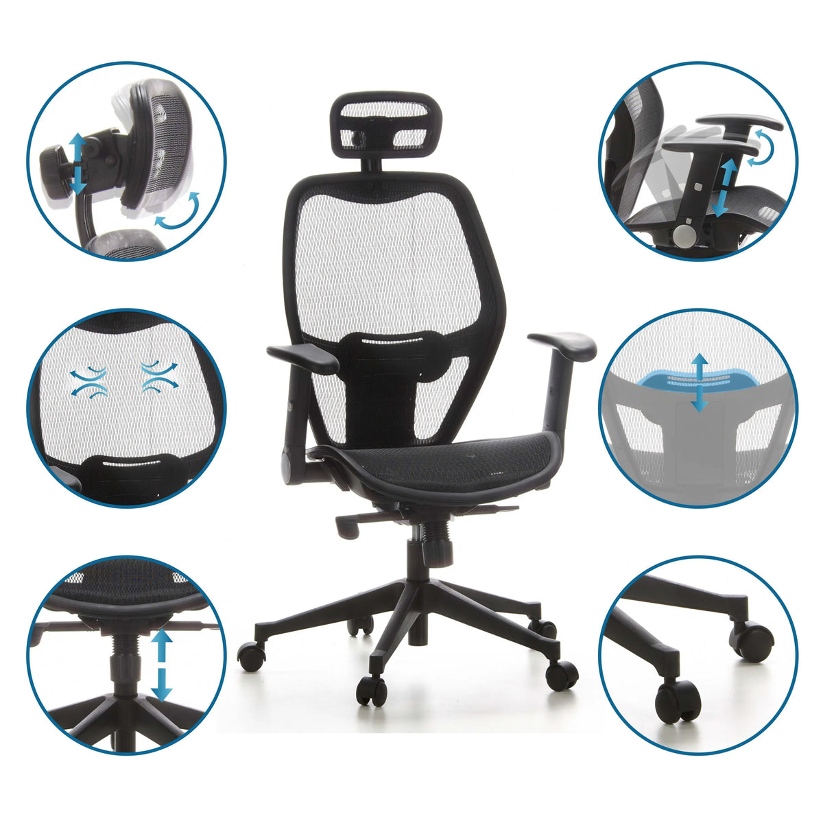 Fonctions réglables du Siège de bureau de qualité professionnelle AIR-PORT avec revêtement en maille noir de hjh OFFICE