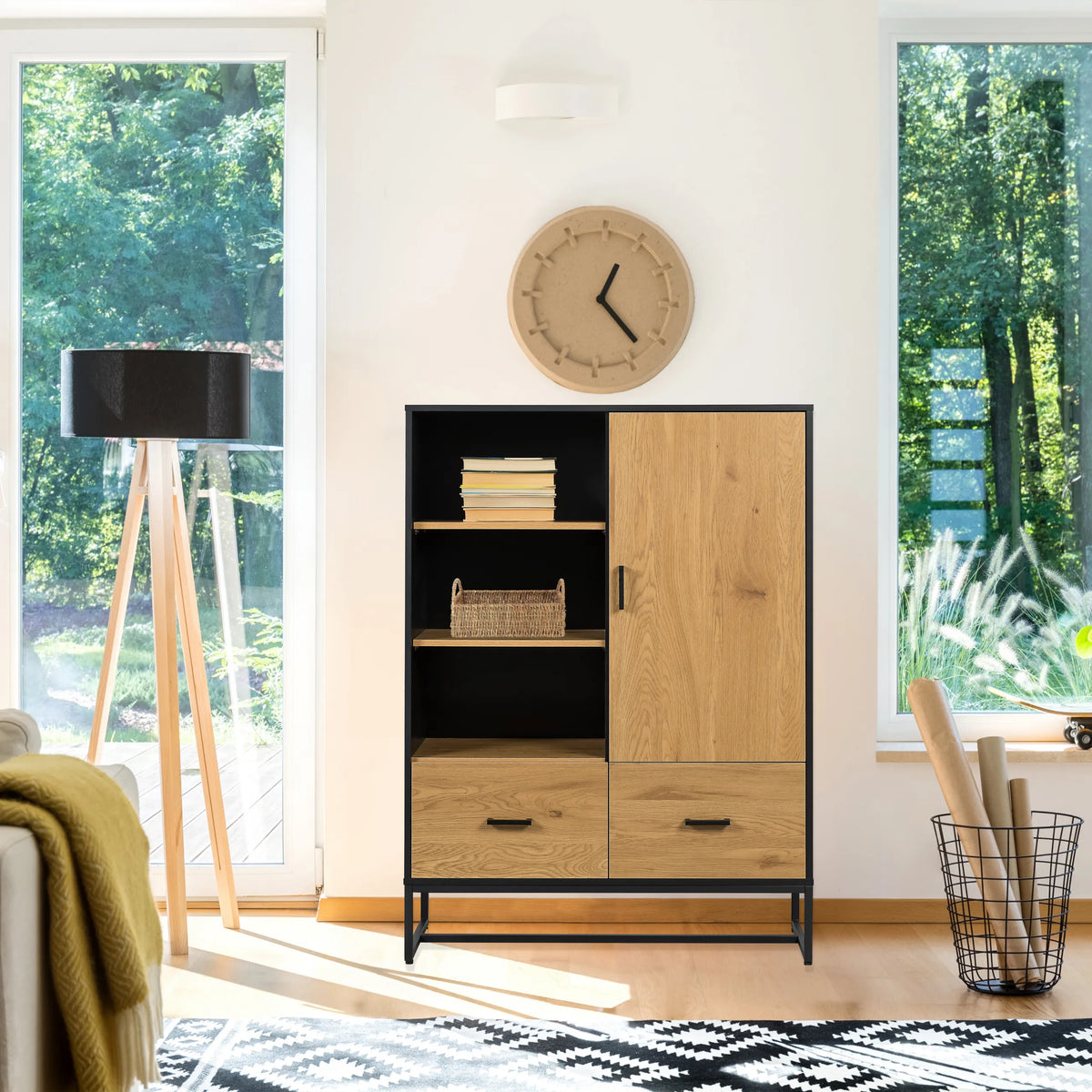 Armoire de bureau AMIO H en noir et chêne avec étagère ouverte et portes fermées de hjh LIVING