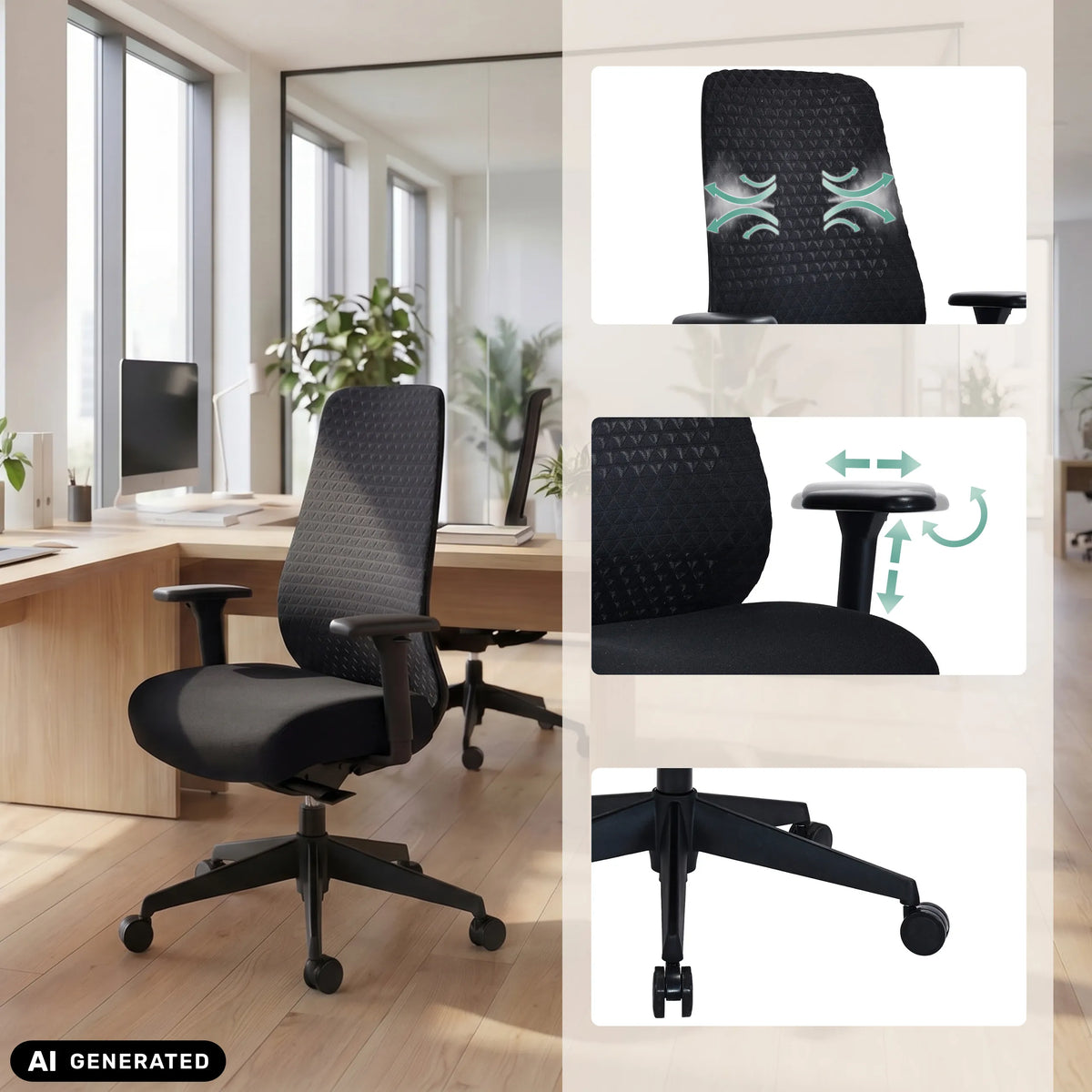 Siège de bureau de qualité professionnelle Verviq en noir avec accoudoirs réglables et pied en étoile de hjh OFFICE (image générée par IA)