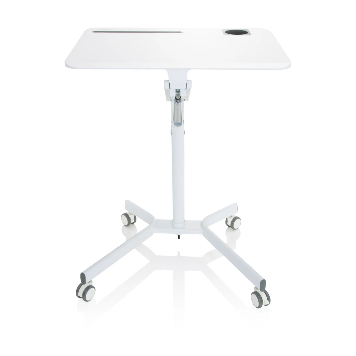 Bureau assis-debout blanc STAND VM-SU I avec pied réglable en hauteur et base à cinq roulettes de hjh OFFICE – vue à 360° (vue de face 0°)