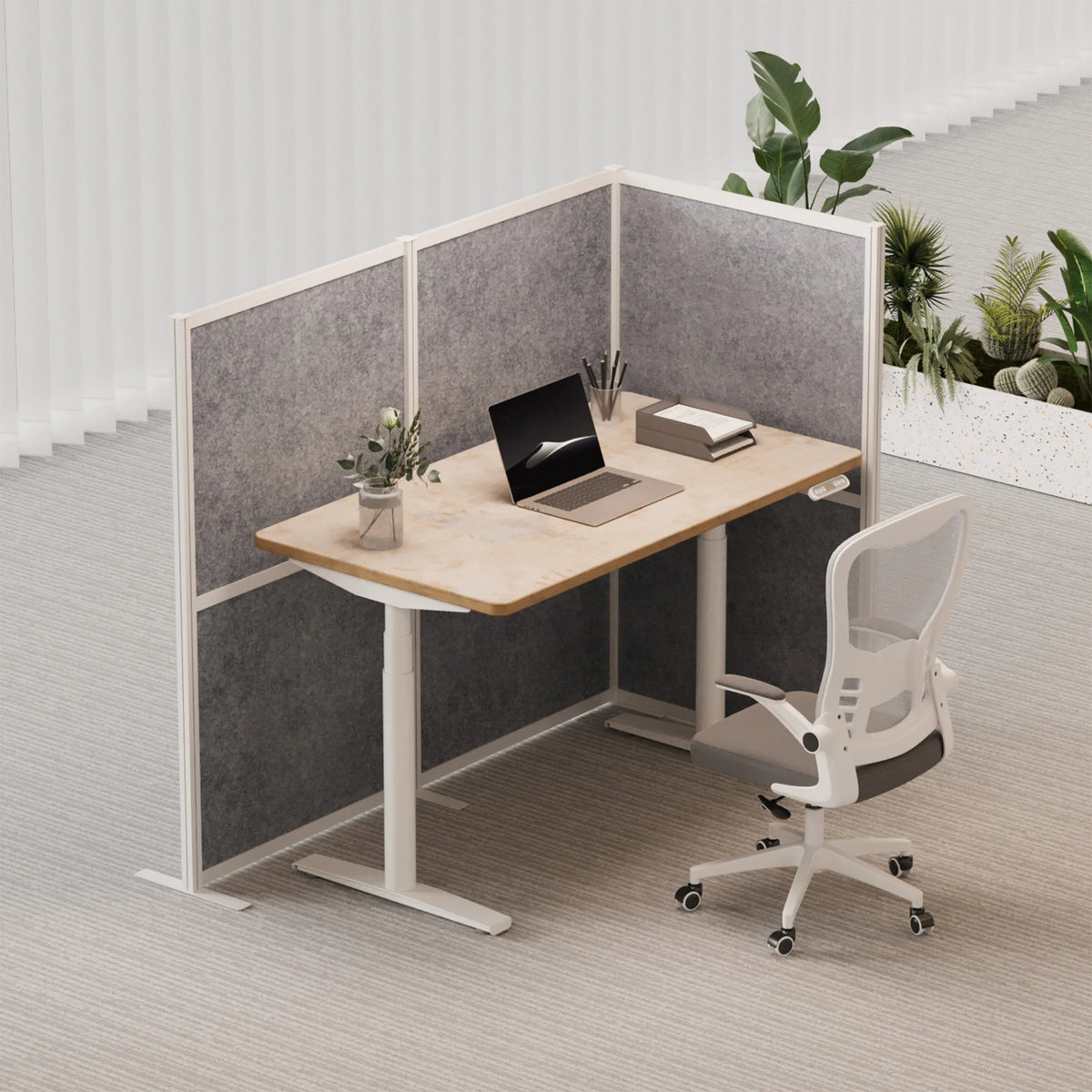 Cloisons de séparation grises Flexmiut Modul L comme écran d'intimité sur un bureau avec une chaise de bureau de hjh OFFICE