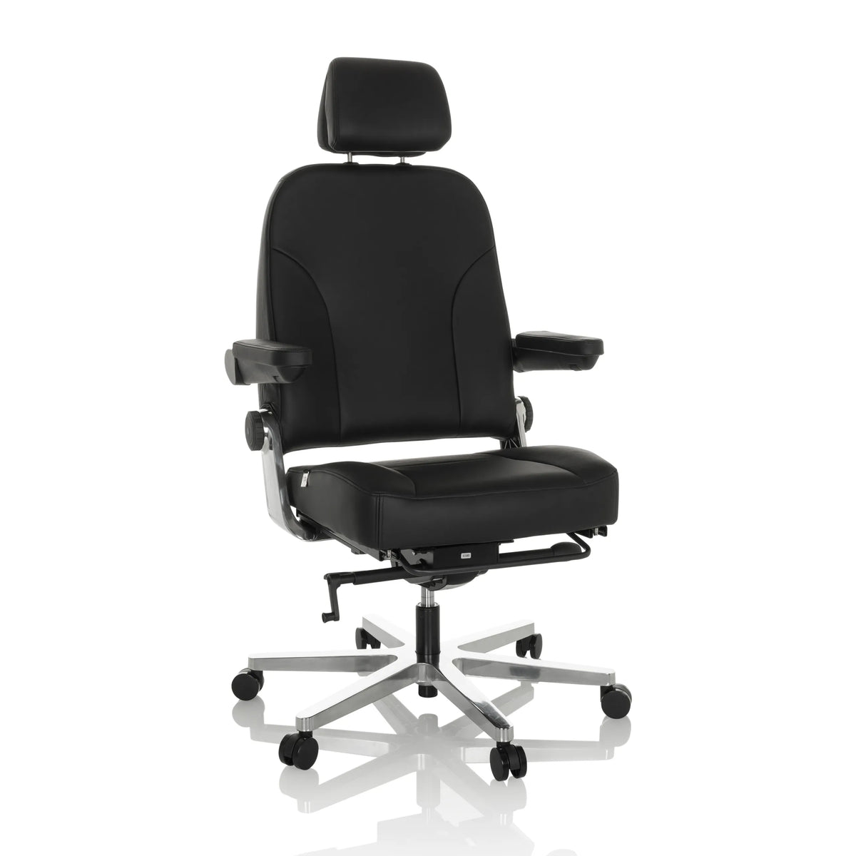 Siège pivotant XXL 24 HOURS F noir en cuir avec appuie-tête et pied à cinq roulettes de hjh OFFICE – vue à 360° (vue de face 15°)
