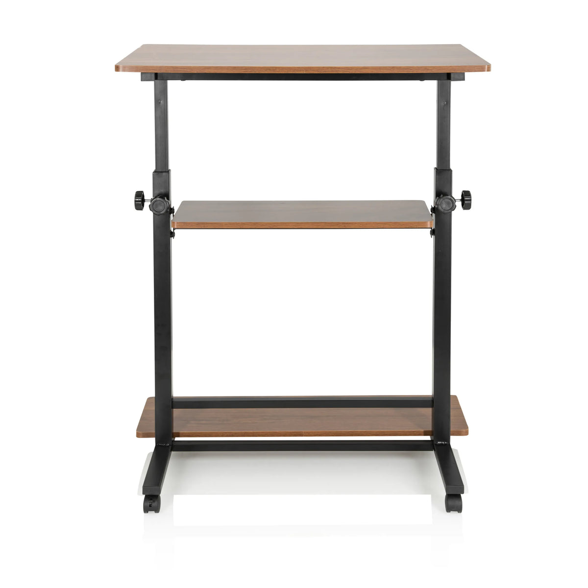 Bureau assis-debout WORKSTATION II couleur noyer noir avec deux étagères et roulettes de hjh OFFICE – vue à 360° (vue de face 0°)