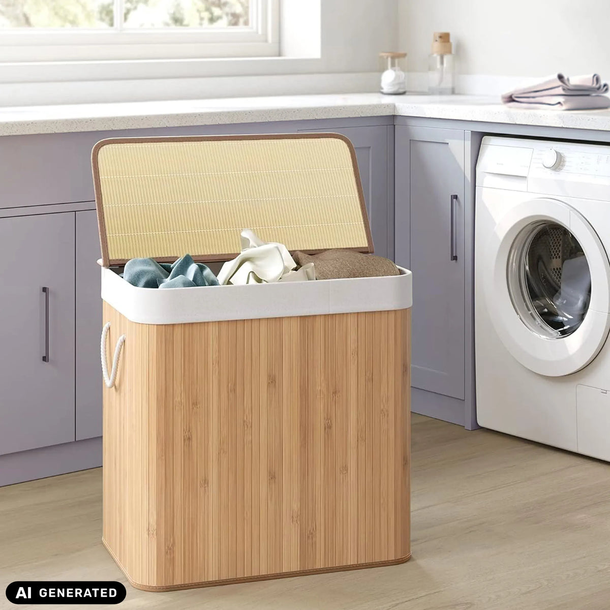 Panier à linge marron FALSTER XXL B avec couvercle ouvert et doublure blanche de hjh LIVING