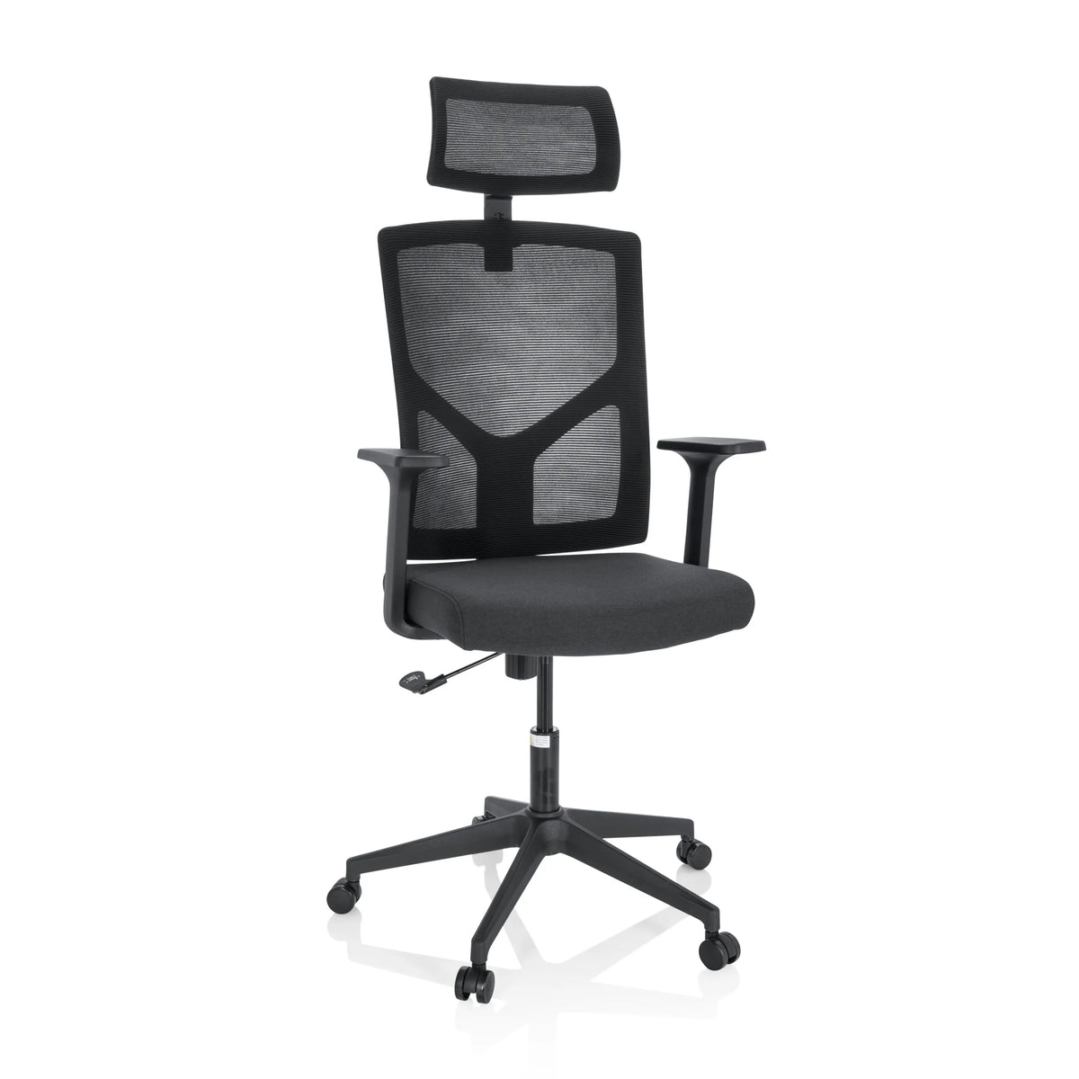 Siège de bureau à domicile BRETON B noir avec dossier en maille, appui-tête et base à cinq roulettes de hjh OFFICE – vue à 360° (vue de face 20°)