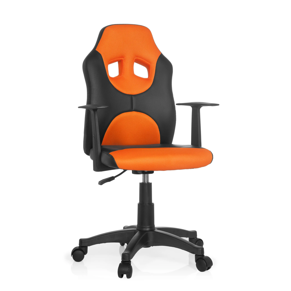 Chaise pivotante pour des enfants KID GAME AL noire et orange avec dossier en maille et base à cinq roulettes de hjh OFFICE – vue à 360° (vue de face 20°)