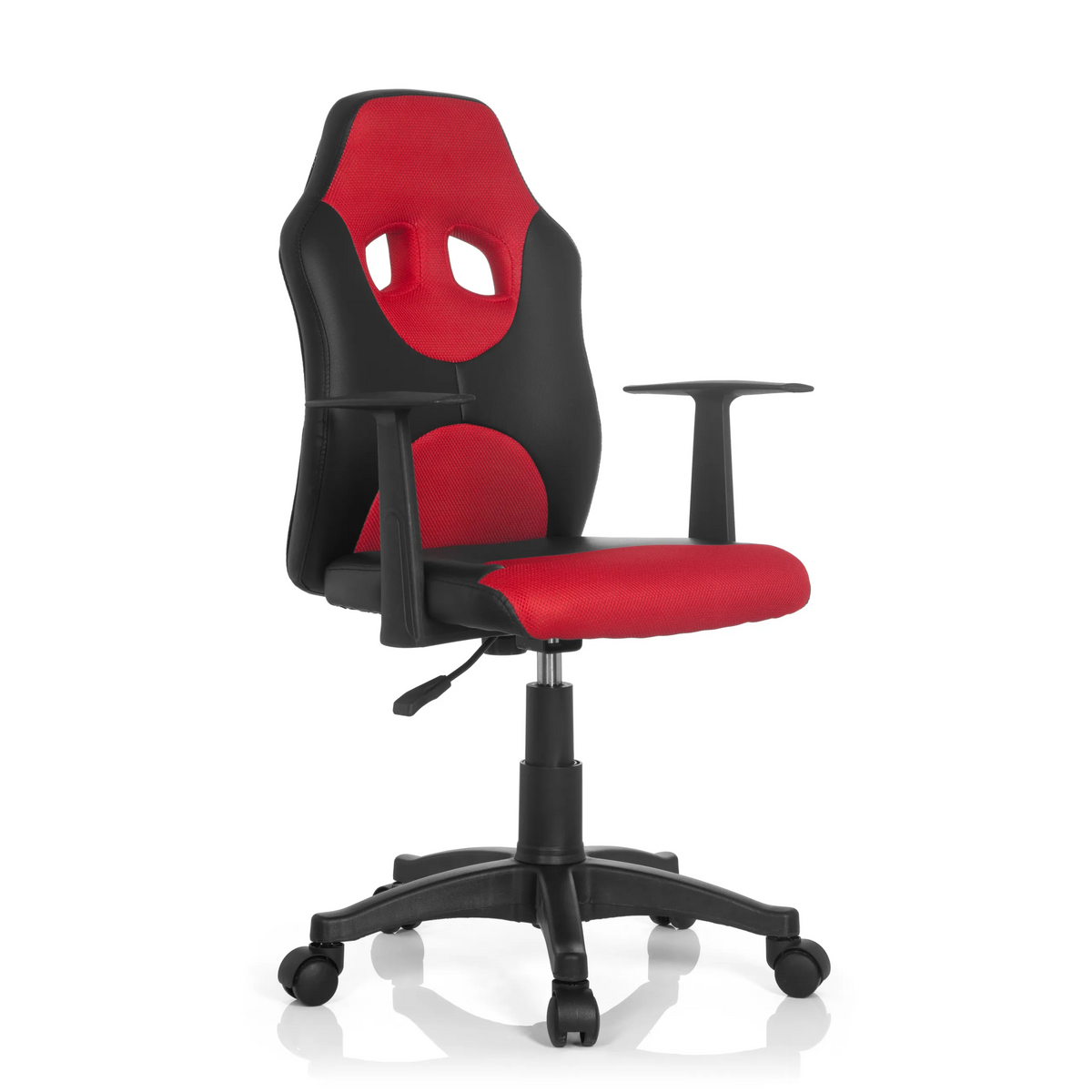 Chaise pivotante pour des enfants KID GAME AL noir et rouge avec revêtement en maille et base à cinq roulettes de hjh OFFICE – vue à 360° (vue de trois quarts avant 40°)