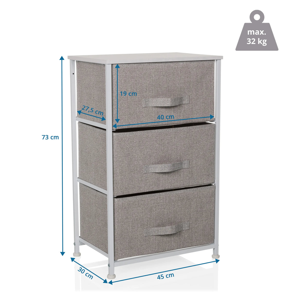 Dessin coté de la Commode FOLDRESS M avec une hauteur de 73 cm et une charge maximale de 32 kg de hjh LIVING