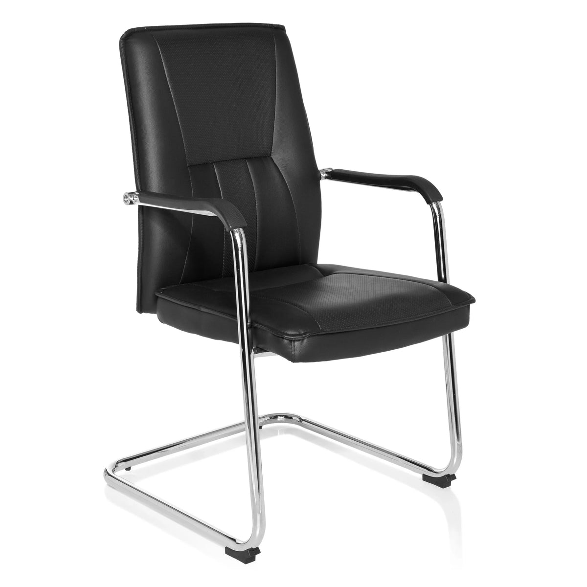 Chaises cantilever TILA noires avec accoudoirs et structure chromée de hjh OFFICE – vue à 360° (vue de trois quarts avant 40°)
