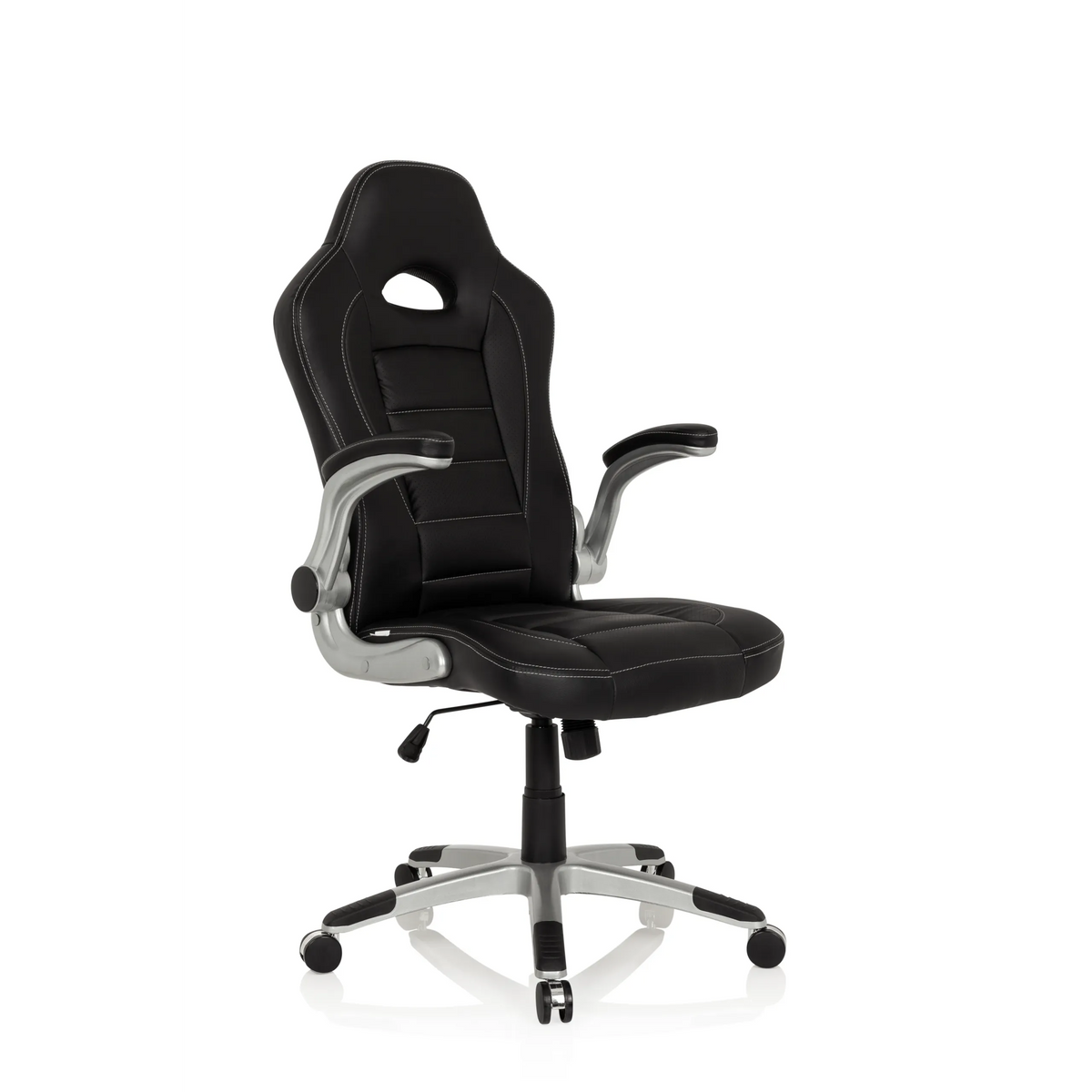 Fauteuil Gamer noir GAME SPORT avec appui-tête, accoudoirs et piètement argenté à cinq roulettes de hjh OFFICE – vue à 360° (vue de face 20°)
