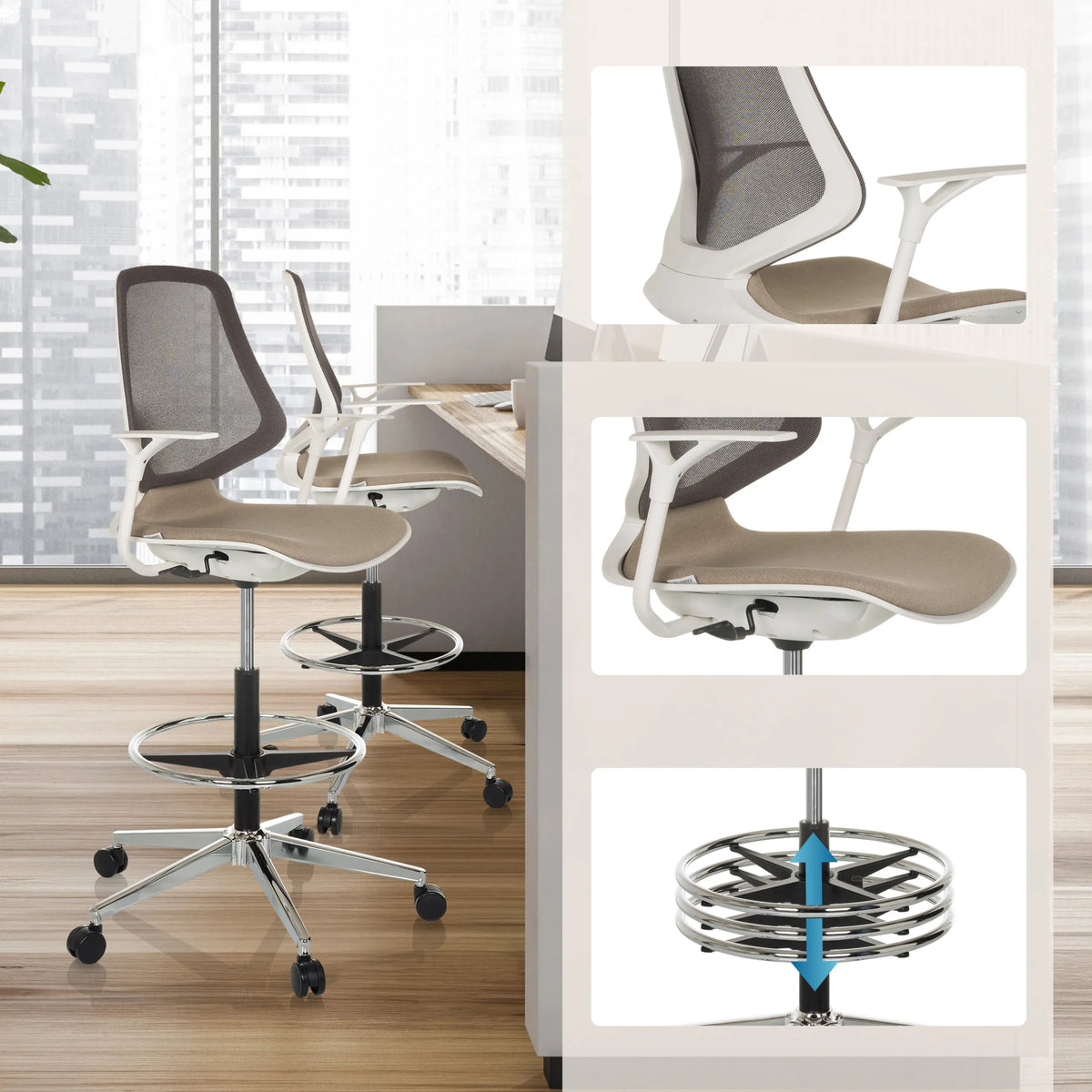 Repose-pieds et assise de la Chaise de comptoir TOP WORK STYLE en beige de hjh OFFICE