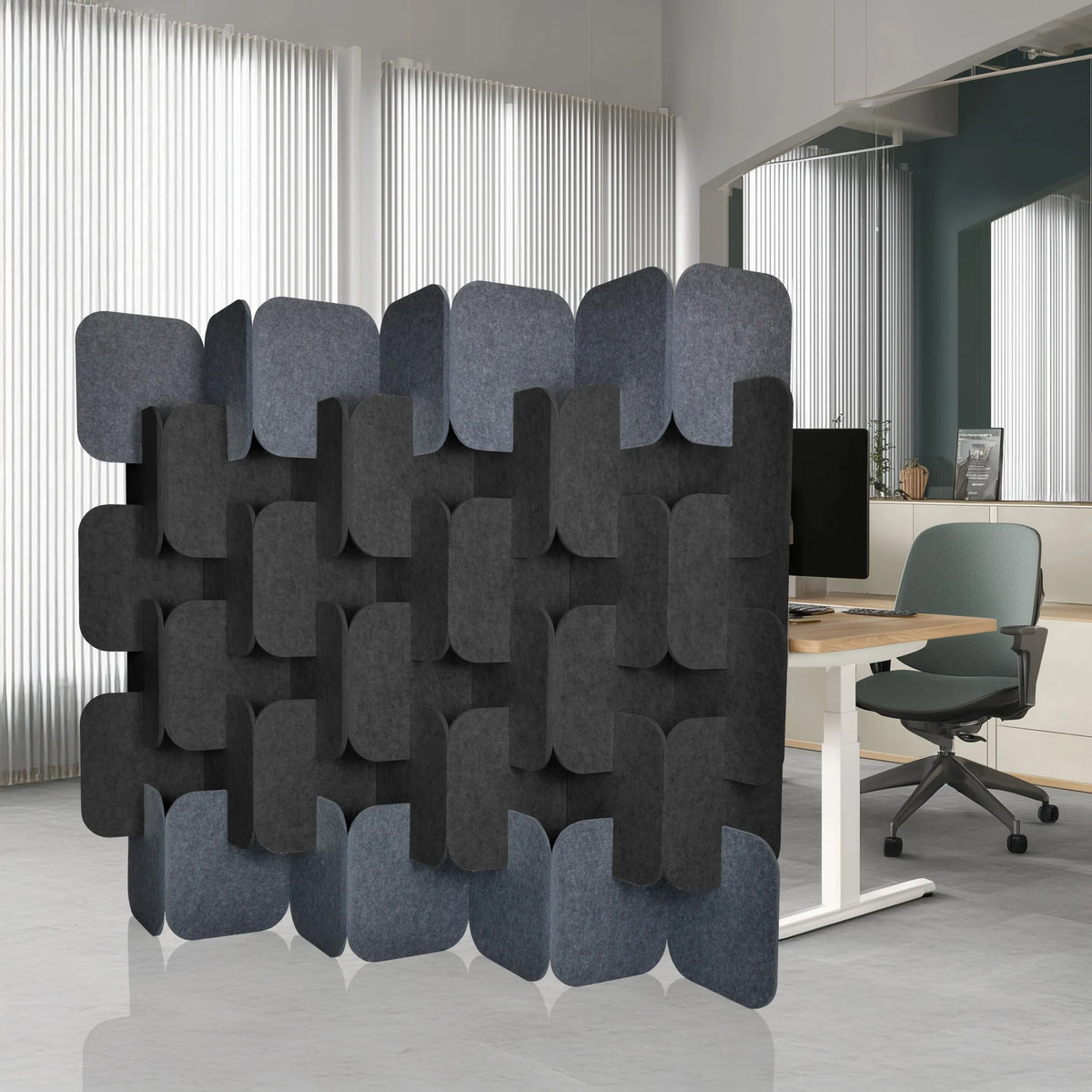 Cloison de séparation FLEXMIUT PLUG grise et gris foncé composée de six éléments en disposition décalée de hjh OFFICE