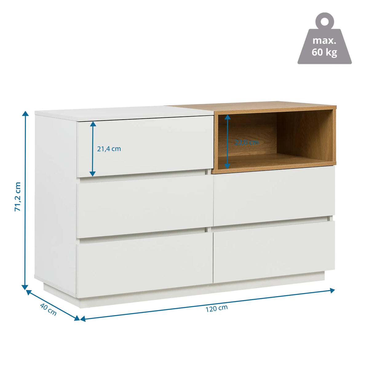 Dessin coté du Buffet MELMO S en blanc et chêne, 120 × 40 cm, de hjh LIVING