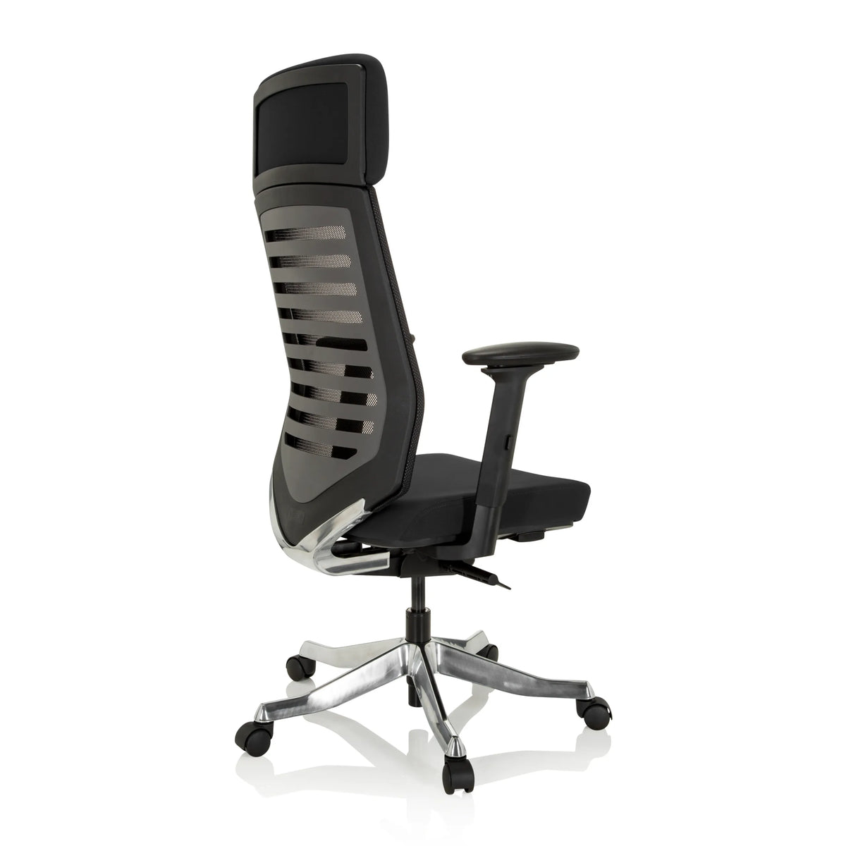 Siège de bureau de qualité professionnelle ASGON noir avec dossier en maille et piètement à cinq roulettes de hjh OFFICE – vue à 360° (vue de trois quarts arrière 120°)