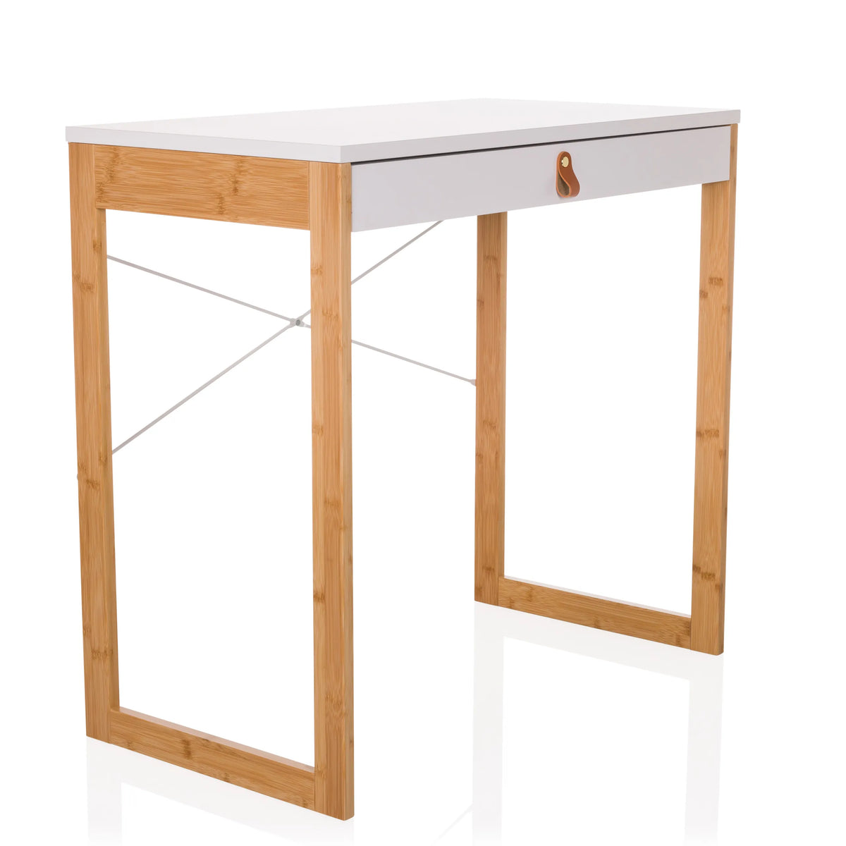 Bureau blanc TAROLO II avec un tiroir, poignée en cuir marron et pieds en bois de hjh LIVING – vue à 360° (vue de trois quarts avant 45°)