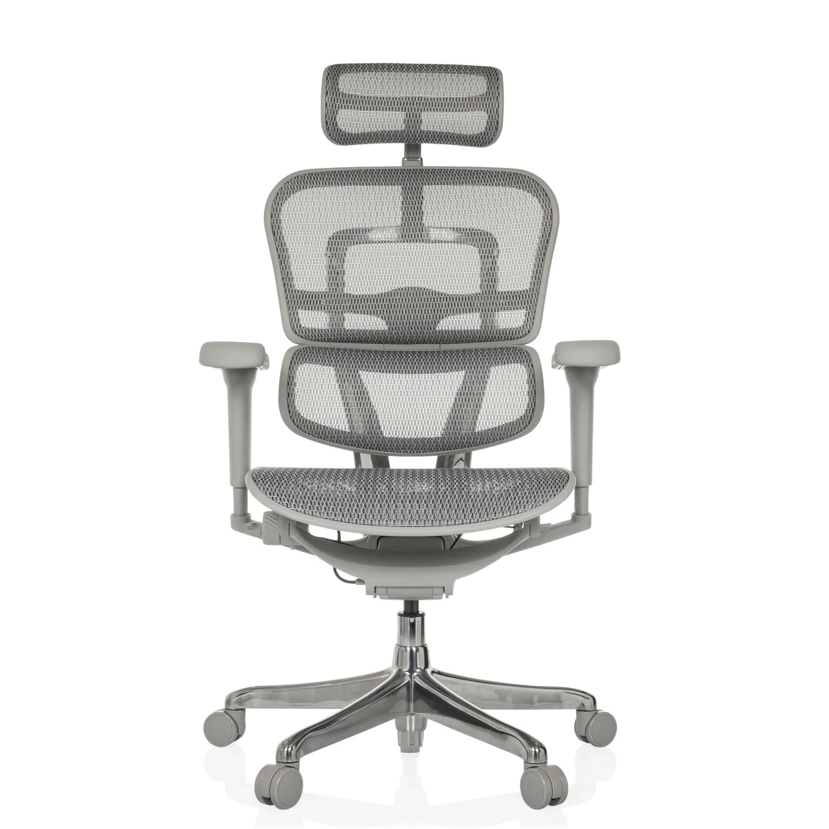 Siège de direction de luxe ERGOHUMAN ULTRA G GEN2 gris avec revêtement en maille et piètement à cinq roulettes de hjh OFFICE – vue à 360° (vue de face 0°)