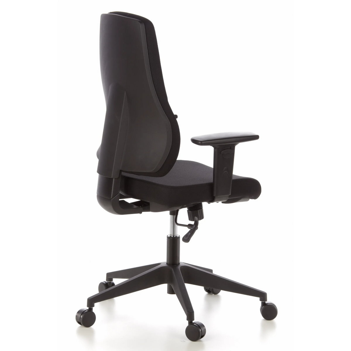 Siège de bureau de qualité professionnelle PRO-TEC 100 noir avec accoudoirs et base à cinq roulettes de hjh OFFICE – vue à 360° (vue de trois quarts arrière 120°)