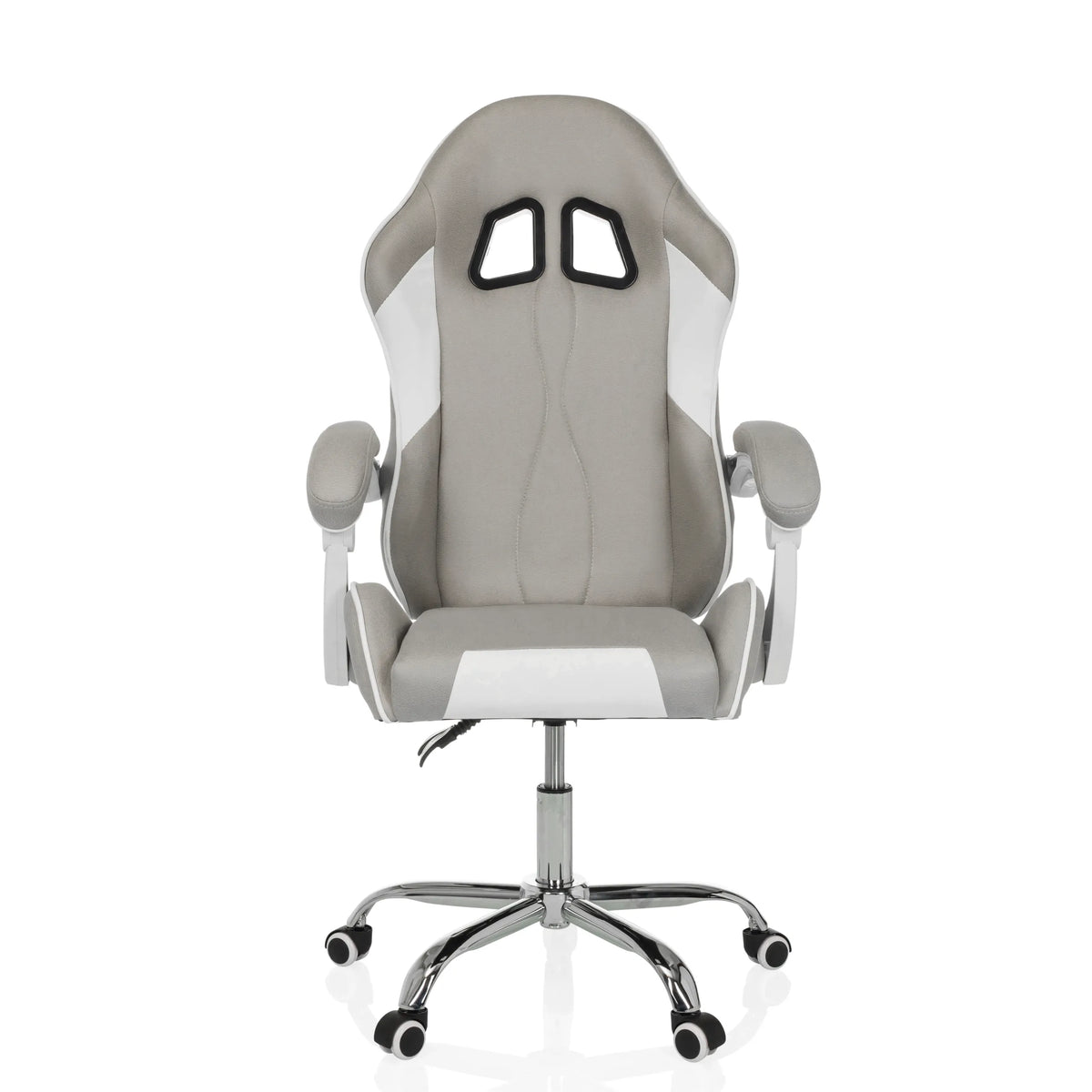 Fauteuil Gamer GAMEBREAKER W03 gris et blanc avec deux ouvertures pour appui-tête et base à cinq roulettes de MyBuero – vue à 360° (vue de face 0°)
