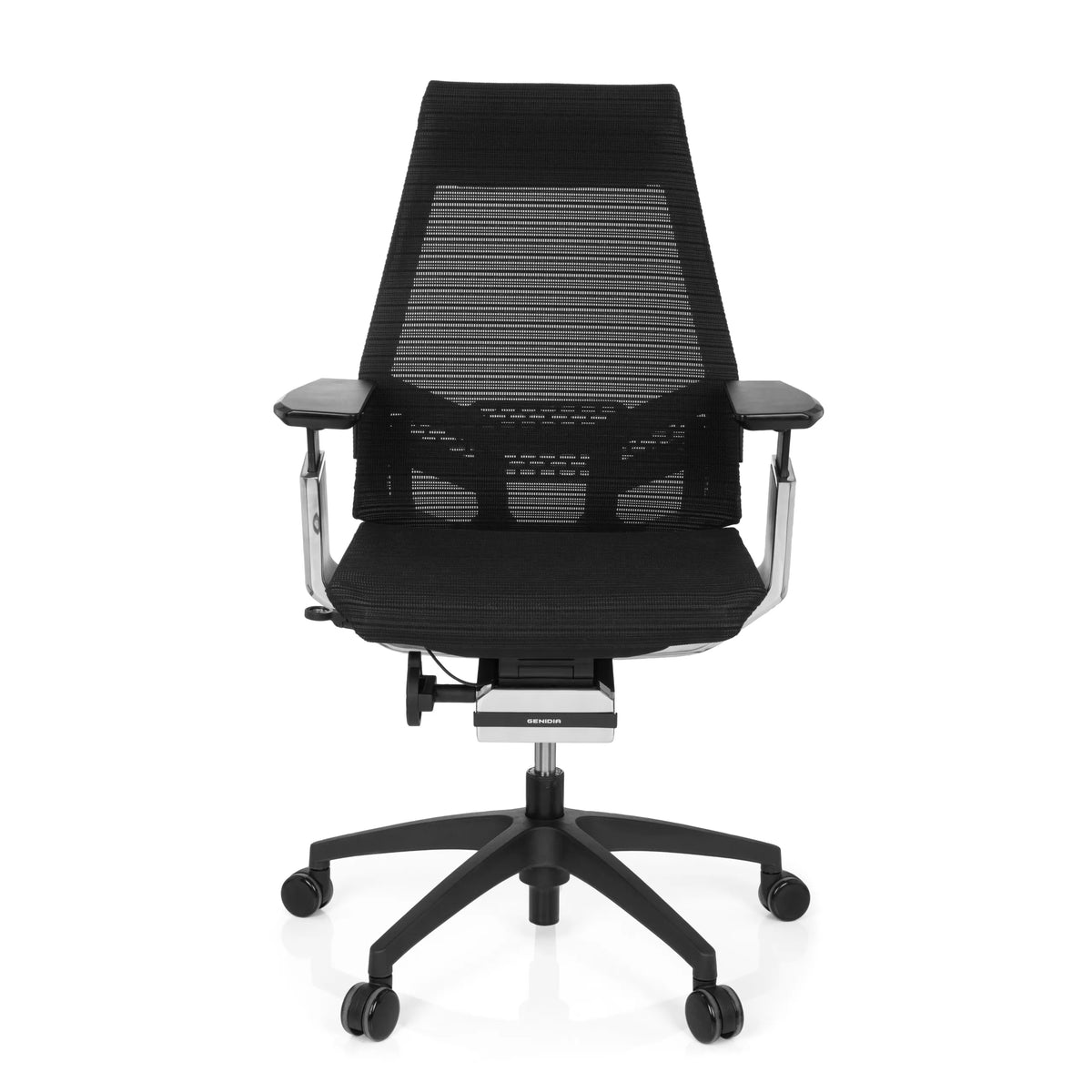 Siège de bureau professionnel noir GENIDIA SMART BLACK CM dossier maille et base à cinq roulettes de hjh OFFICE – vue à 360° (vue de face 0°)