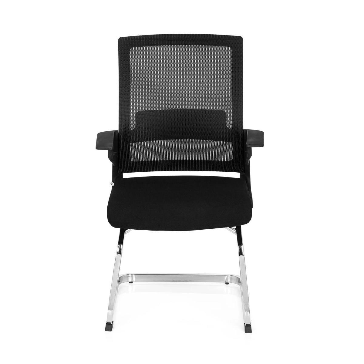 Chaises cantilever INVENTOR V noires avec dossier en maille, accoudoirs et piètement luge de hjh OFFICE – vue à 360° (vue de face 0°)