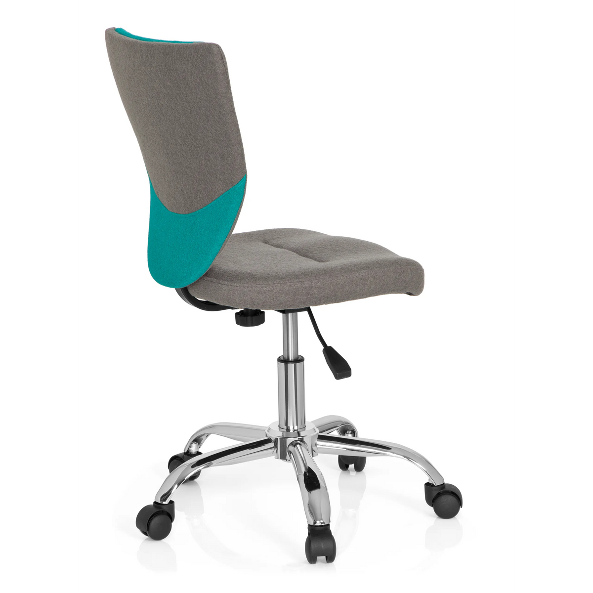 Chaise pivotante pour des enfants KIDDY COMFORT gris turquoise avec pied en étoile et cinq roulettes de hjh OFFICE – vue à 360° (vue de trois quarts arrière 120°)