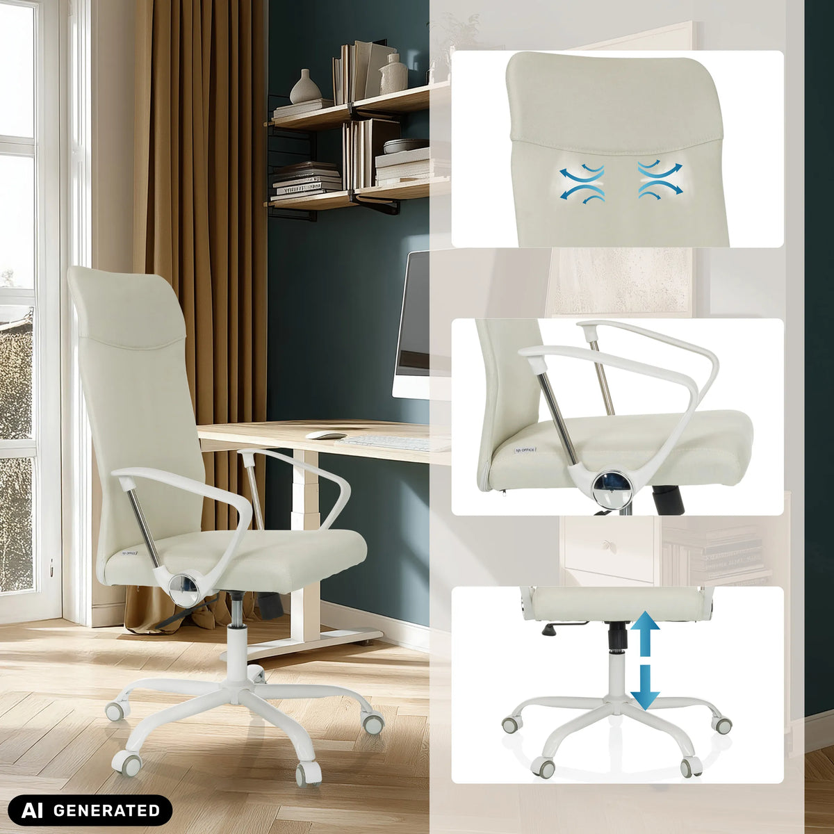 Siège de bureau à domicile STRYKA W en beige avec support lombaire et réglage de la hauteur de hjh OFFICE (image générée par IA)