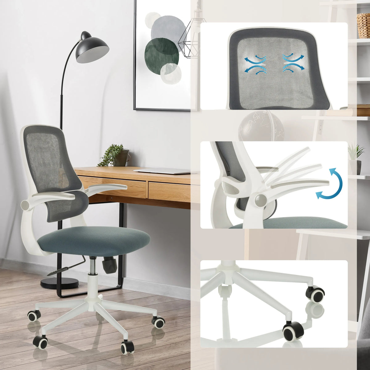 Siège de bureau à domicile MIKO W ECO en gris avec dossier en maille respirante, accoudoirs réglables et roulettes de hjh OFFICE